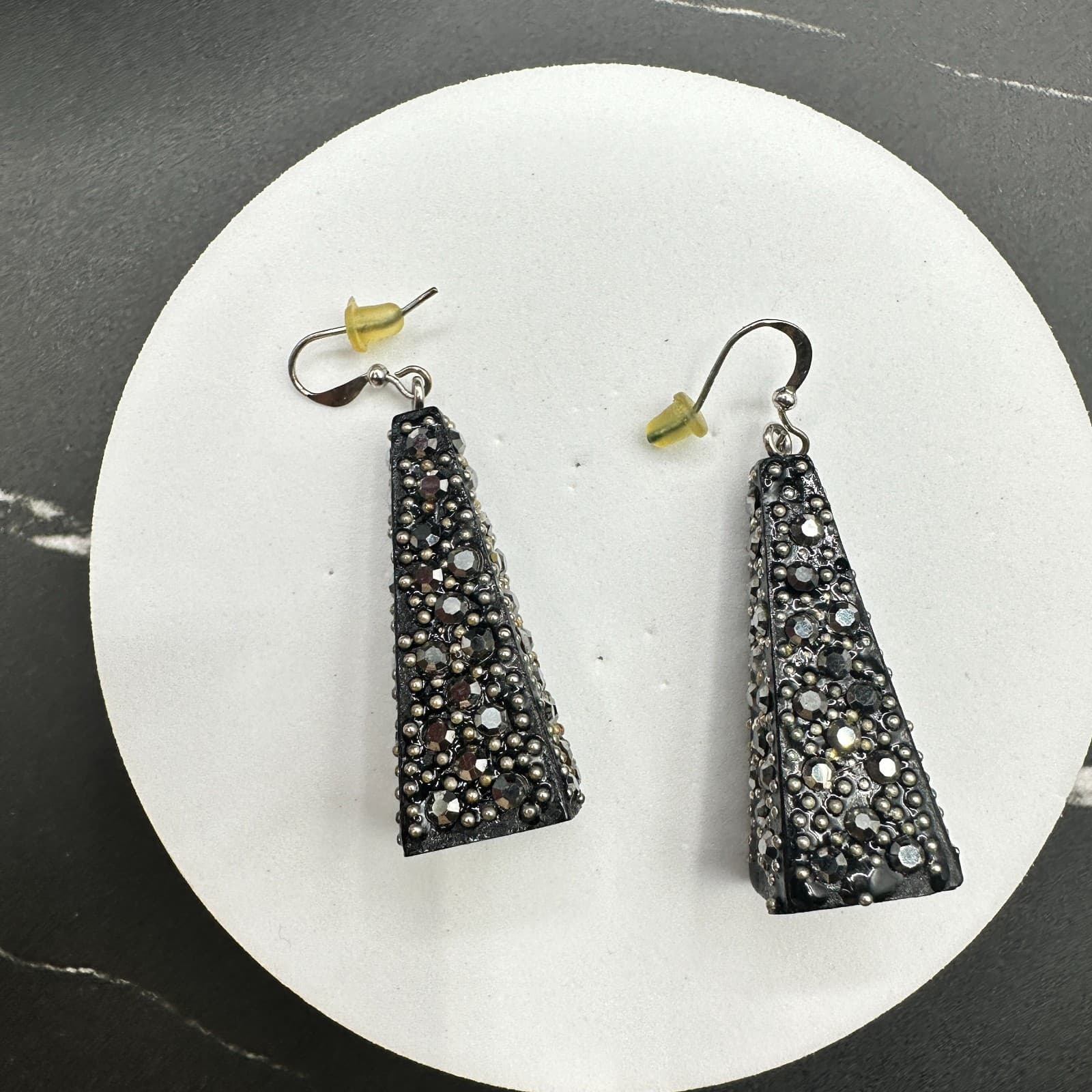 Vintage Black Rhinestone Studded Tapered Dangle Earrings Punk Glam - Thumbnail 6