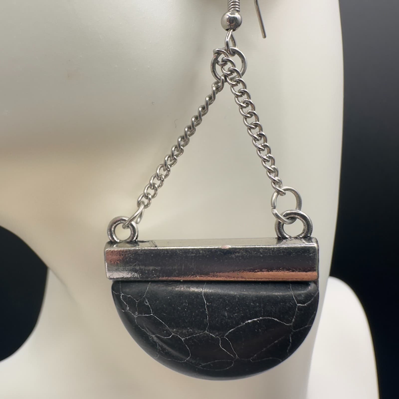 Black Half Moon Stone Dangle Earrings Silver Tone Chain Boho Geometric Jewelry - Thumbnail 2