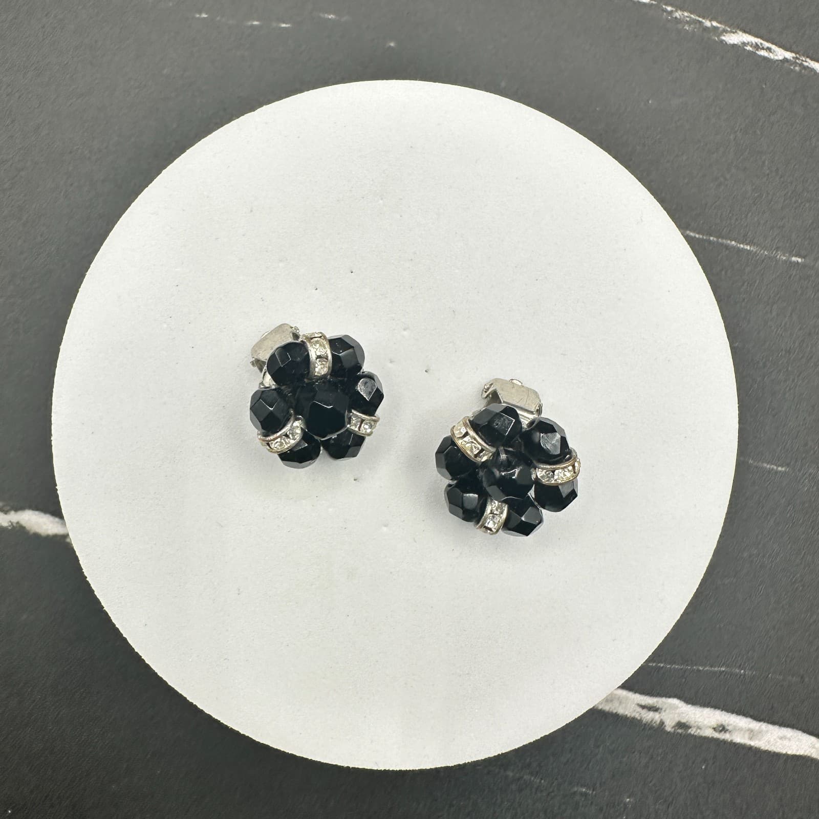 Vintage Black Bead Cluster Clip On Earrings Silver Tone Rhinestone Spacer Womens - Thumbnail 2