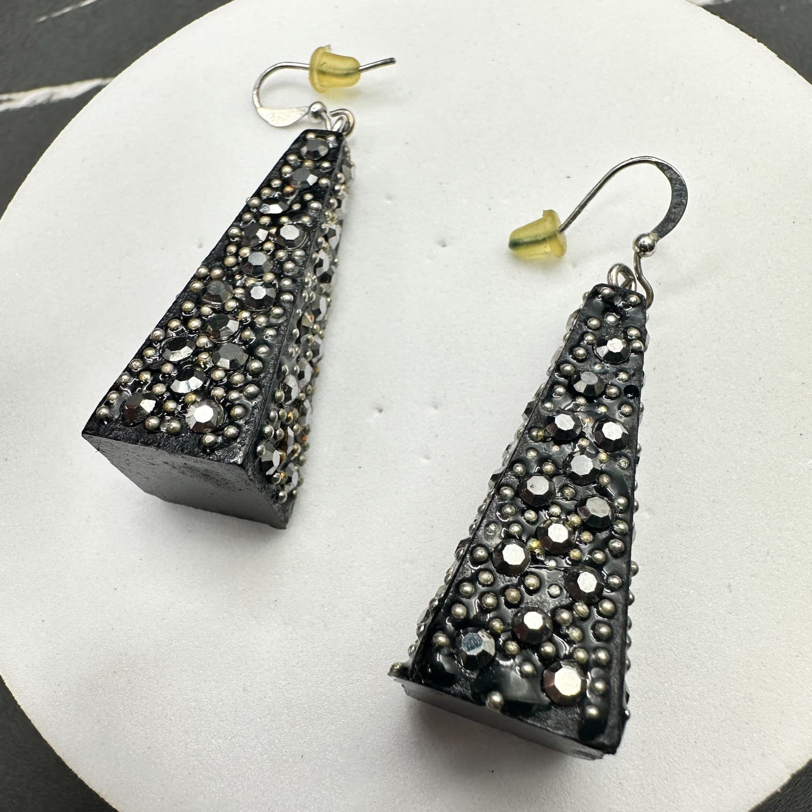 Vintage Black Rhinestone Studded Tapered Dangle Earrings Punk Glam - Thumbnail 7