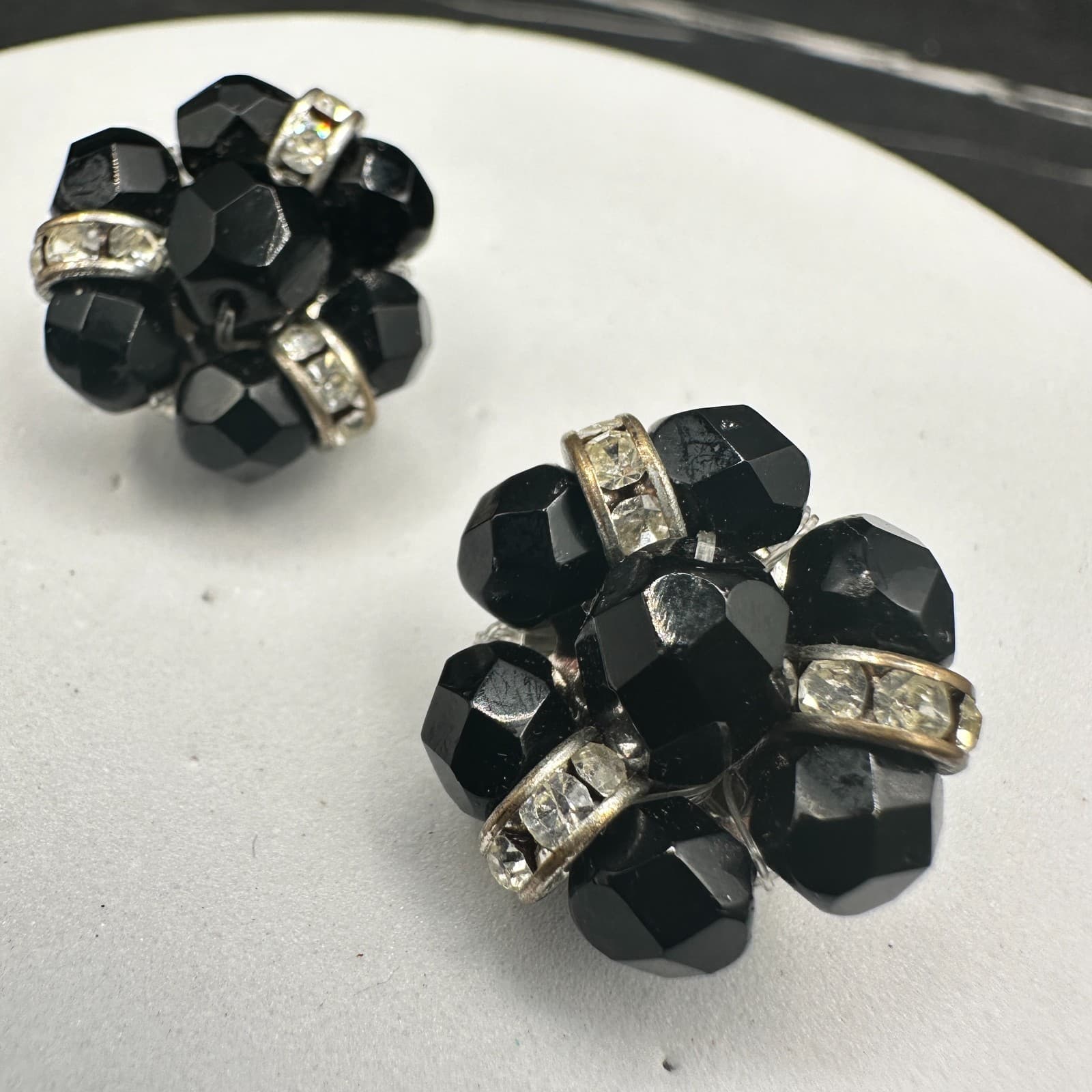 Vintage Black Bead Cluster Clip On Earrings Silver Tone Rhinestone Spacer Womens - Thumbnail 4