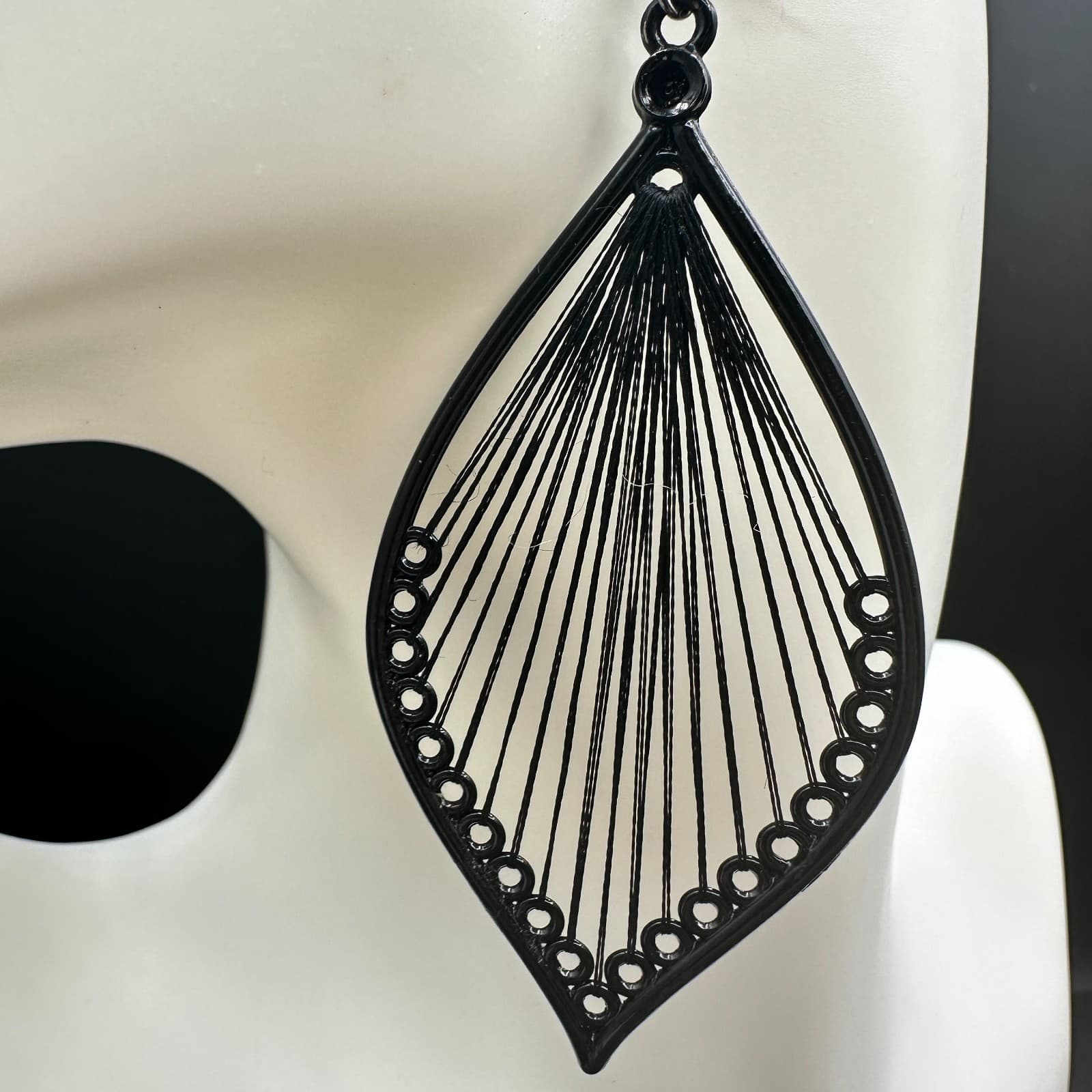 Vintage Black Metal Teardrop Filigree Dangle Earrings Boho Statement - Thumbnail 3