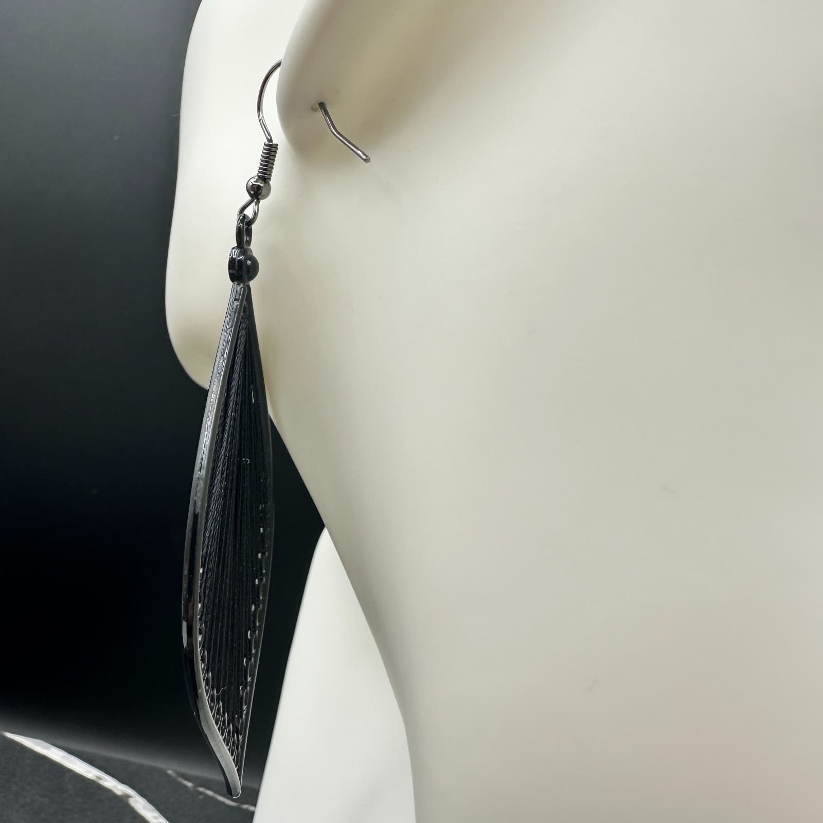 Vintage Black Metal Teardrop Filigree Dangle Earrings Boho Statement - Thumbnail 6
