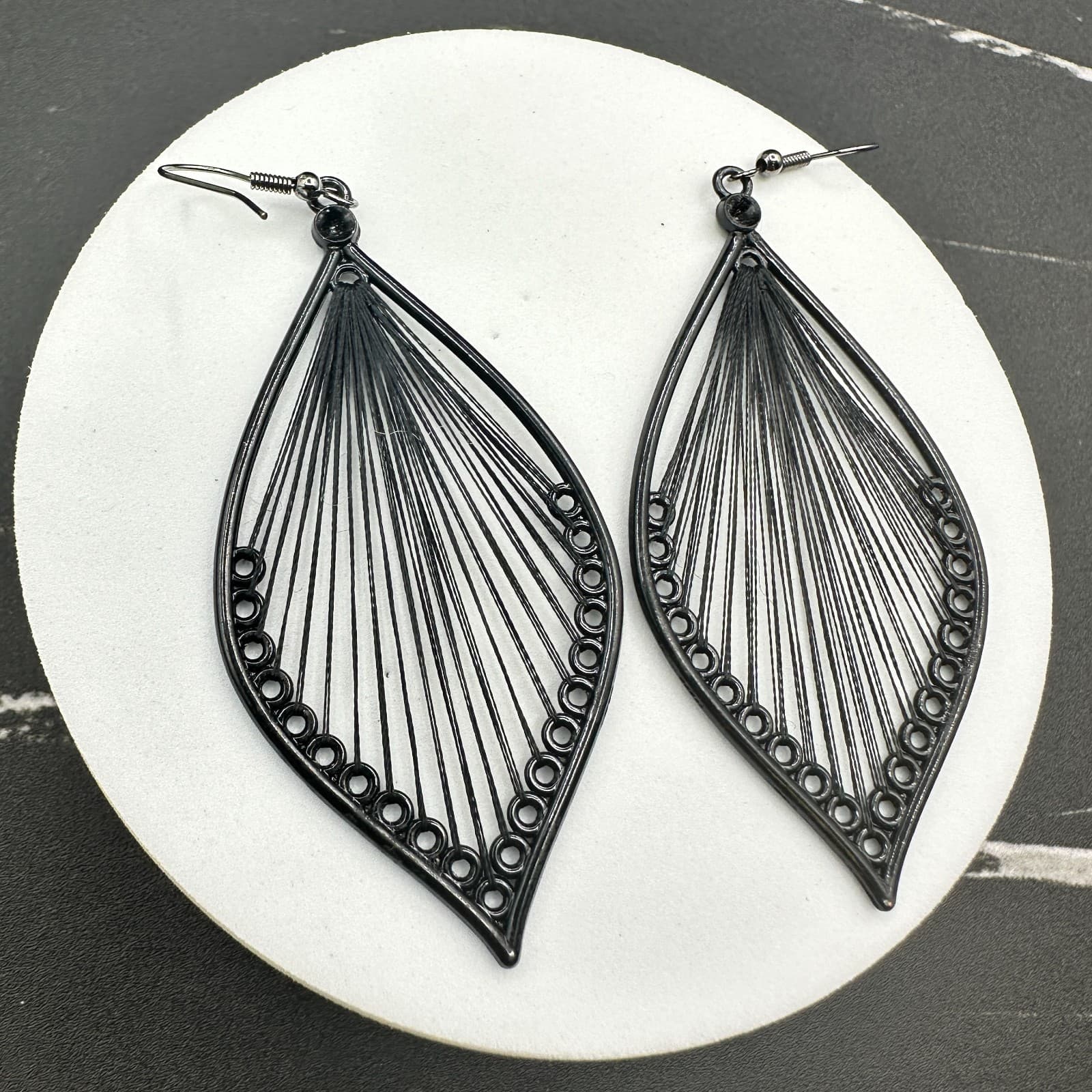 Vintage Black Metal Teardrop Filigree Dangle Earrings Boho Statement - Thumbnail 10