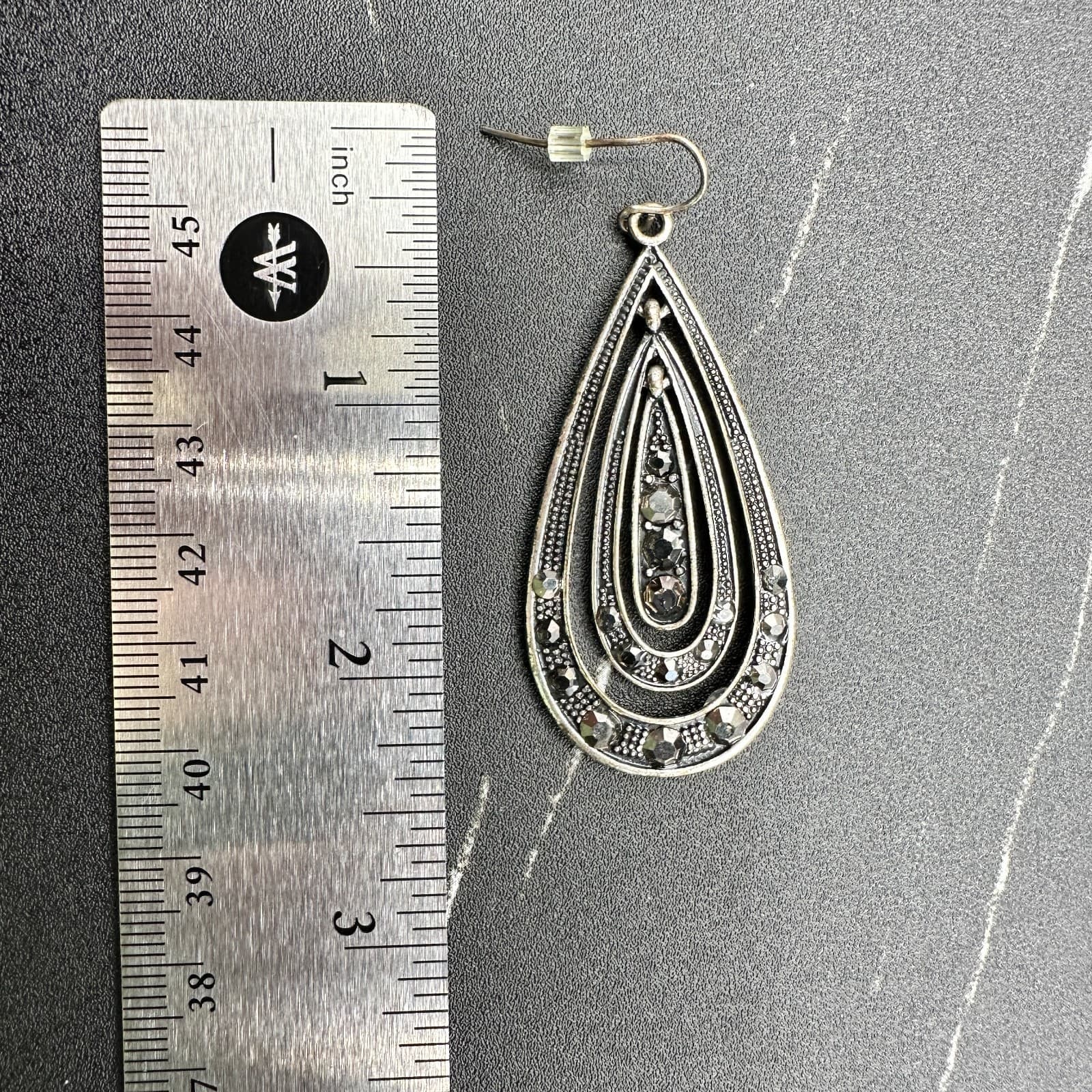 Vtg Silver Tone Teardrop Dangle Earrings Black Rhinestones Statement Jewelry - Thumbnail 12