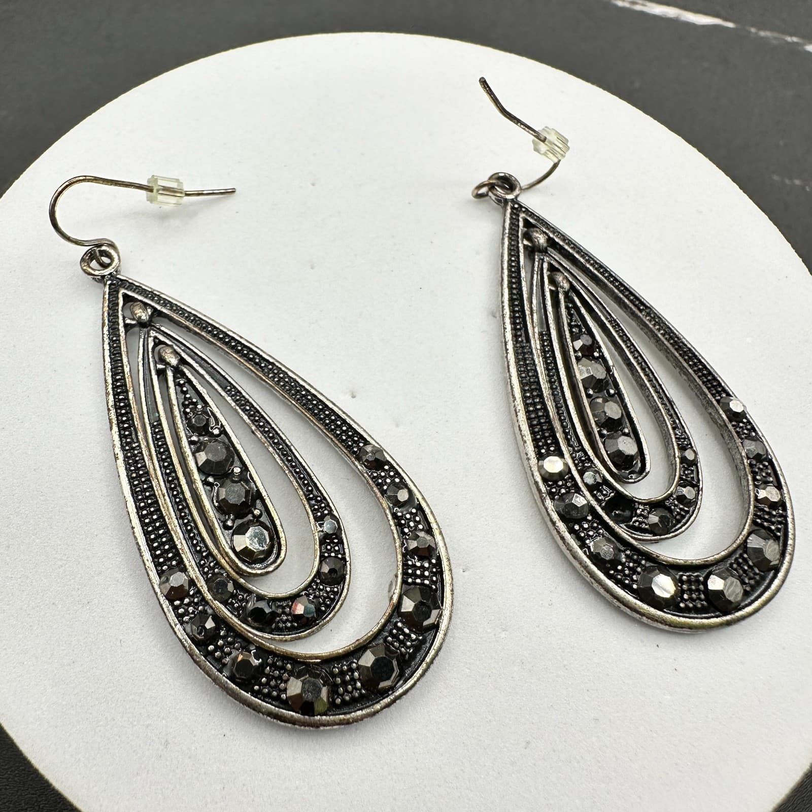 Vtg Silver Tone Teardrop Dangle Earrings Black Rhinestones Statement Jewelry - Thumbnail 11