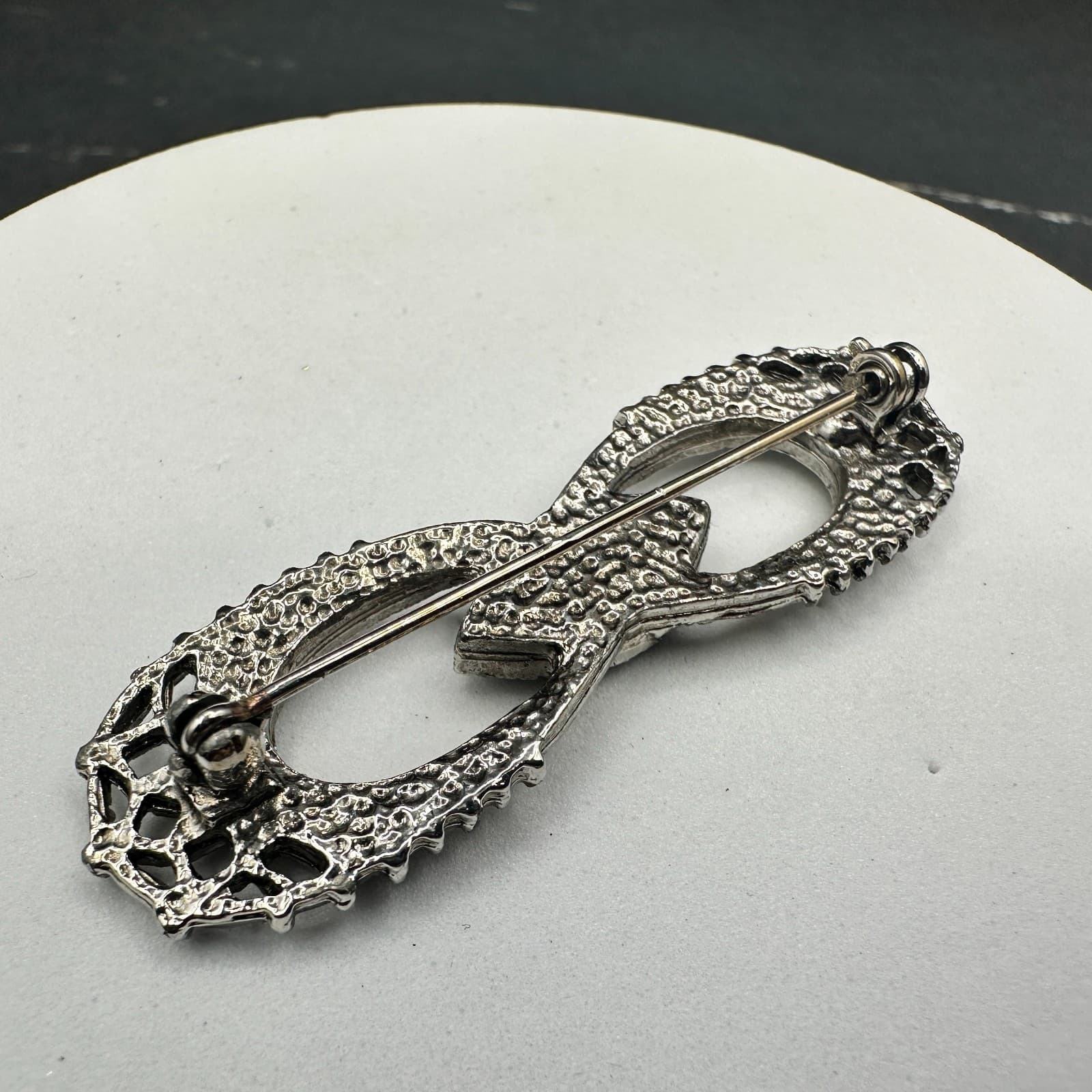 Vintage Silver Tone Black Marquise Rhinestone Brooch Art Deco Style - Thumbnail 6