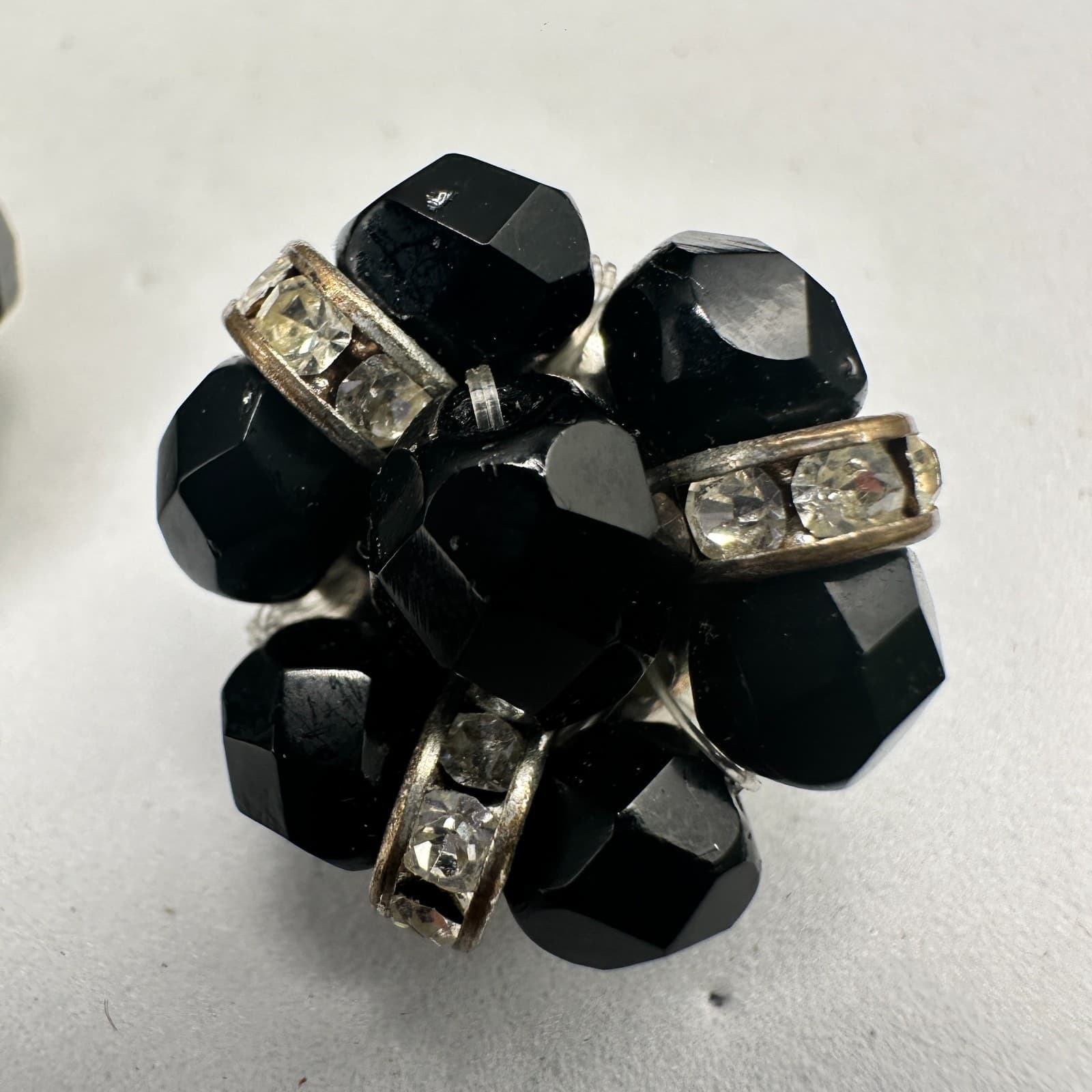 Vintage Black Bead Cluster Clip On Earrings Silver Tone Rhinestone Spacer Womens - Thumbnail 6