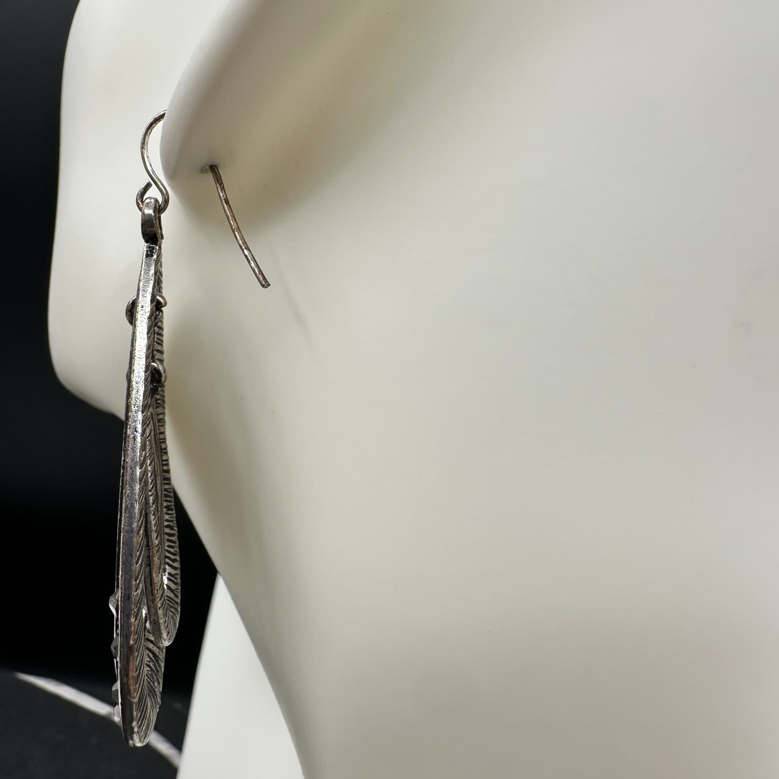Vtg Silver Tone Teardrop Dangle Earrings Black Rhinestones Statement Jewelry - Thumbnail 5