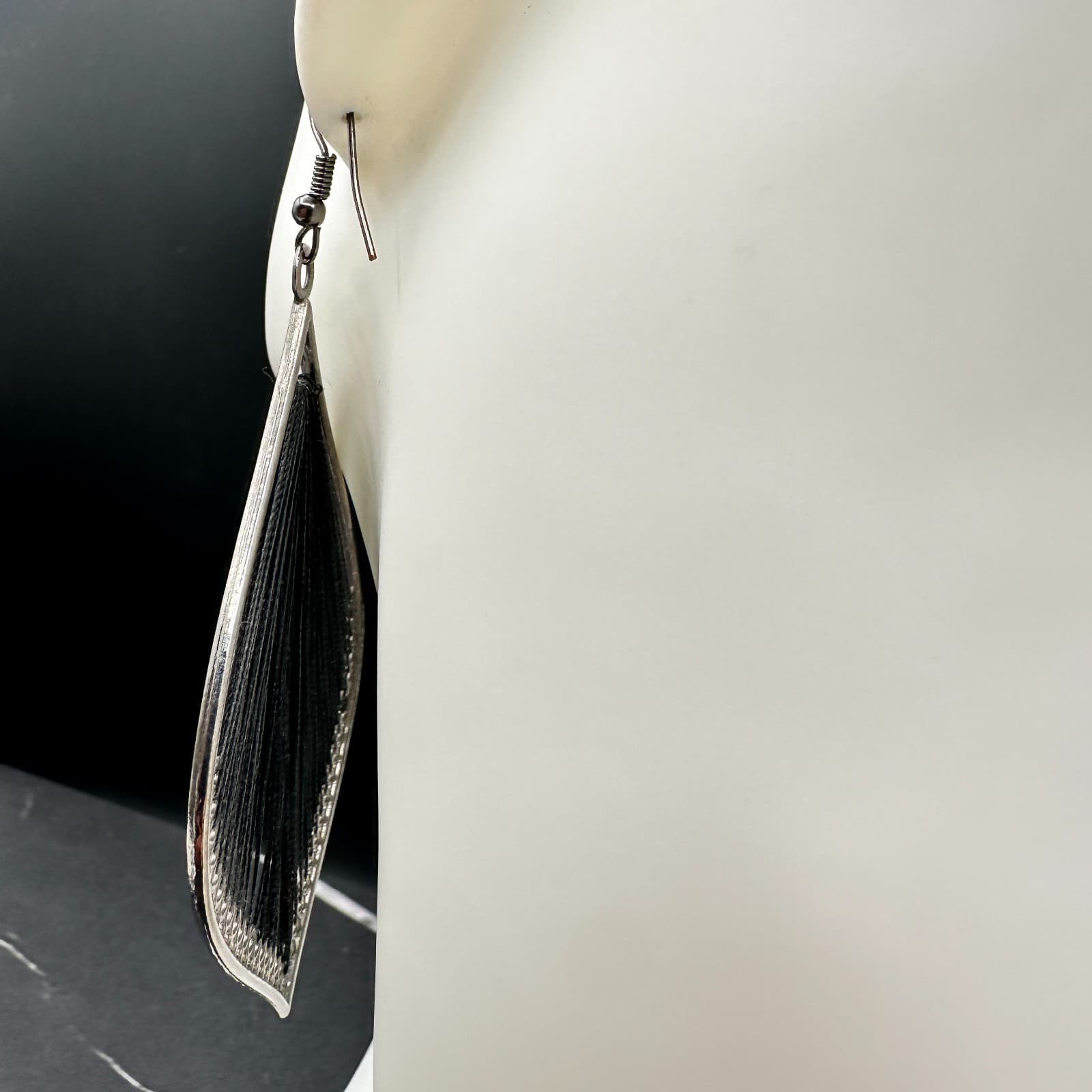 VTG Boho Teardrop String Art Dangle Earrings Women Black Thread Silver Tone - Thumbnail 7