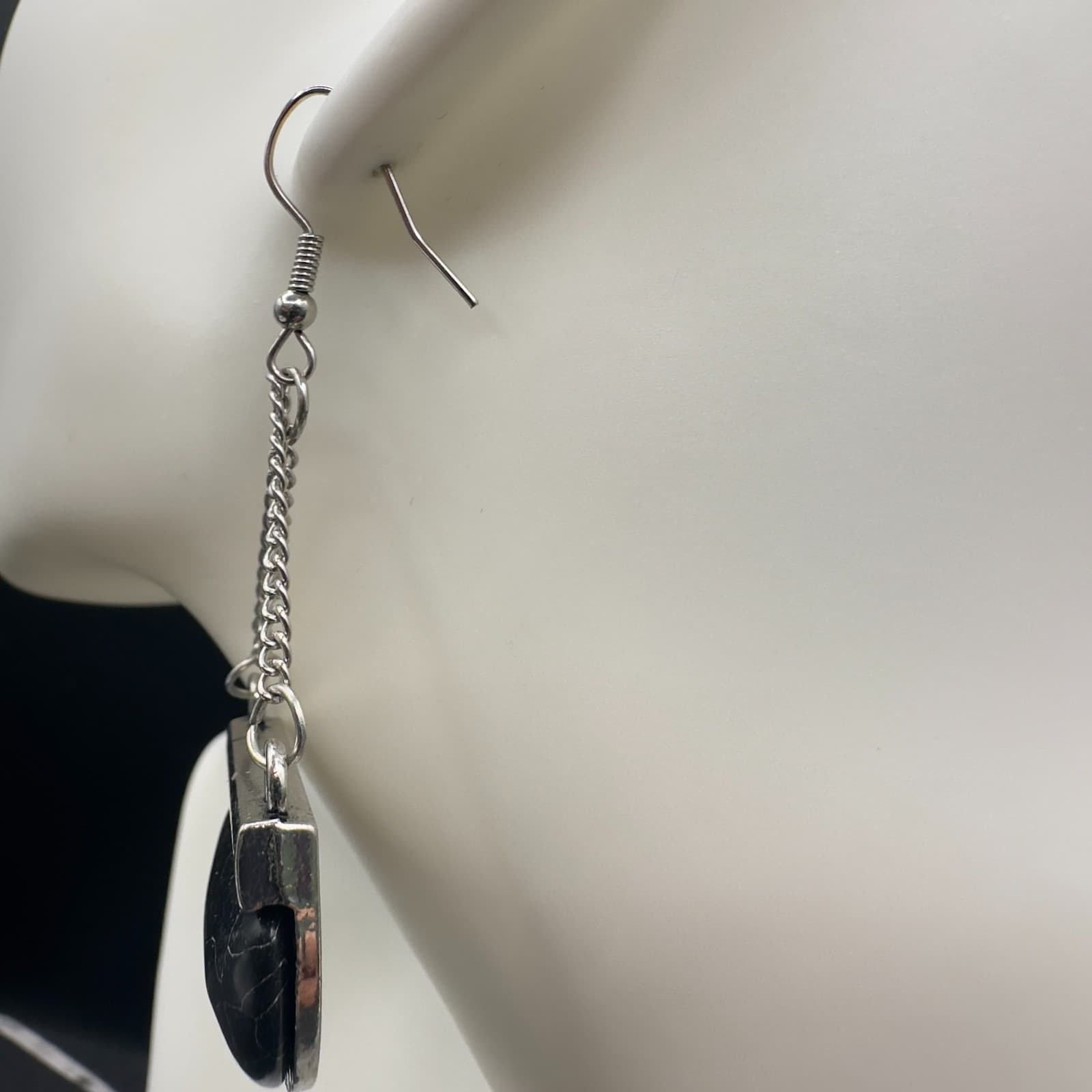 Black Half Moon Stone Dangle Earrings Silver Tone Chain Boho Geometric Jewelry - Thumbnail 5