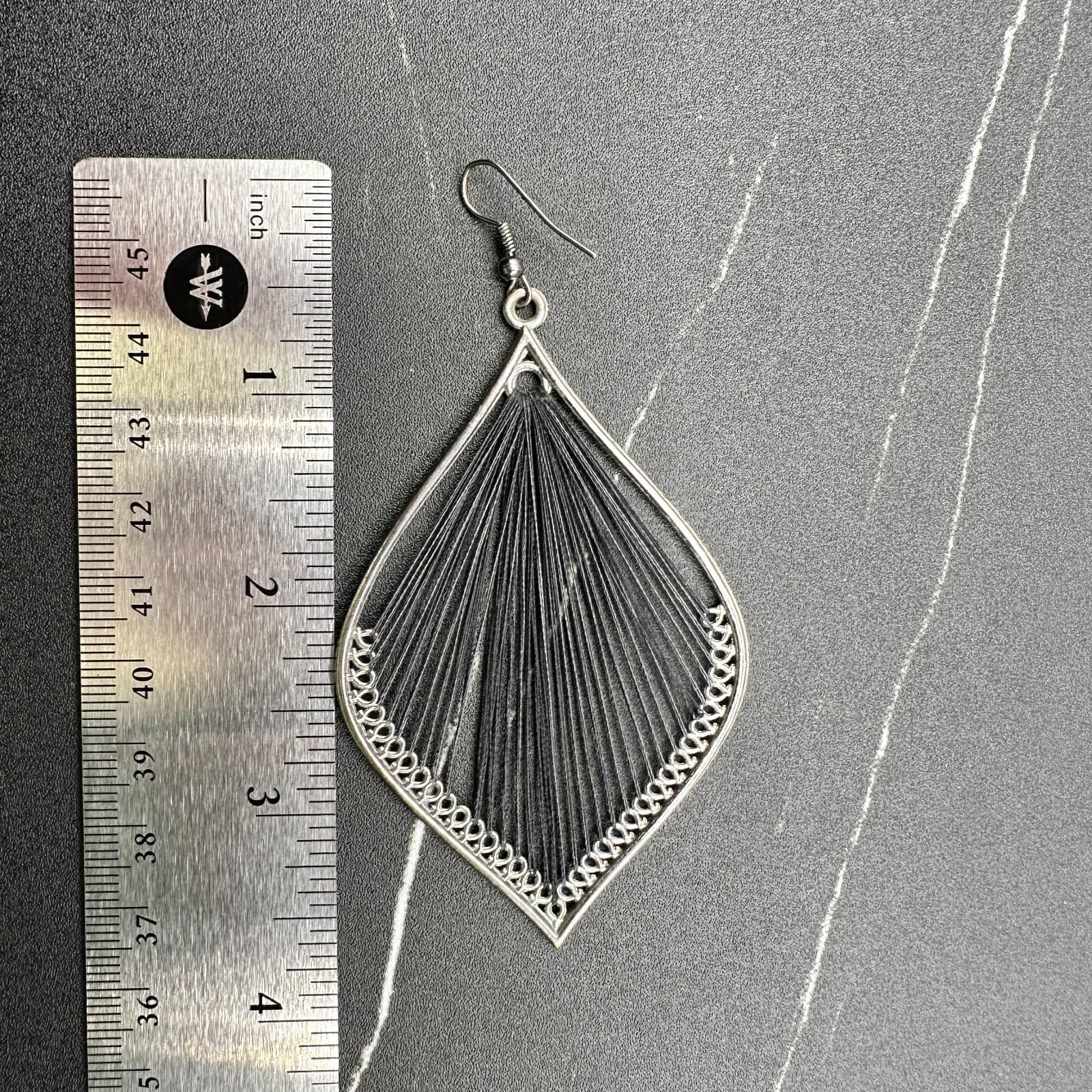 VTG Boho Teardrop String Art Dangle Earrings Women Black Thread Silver Tone - Thumbnail 10