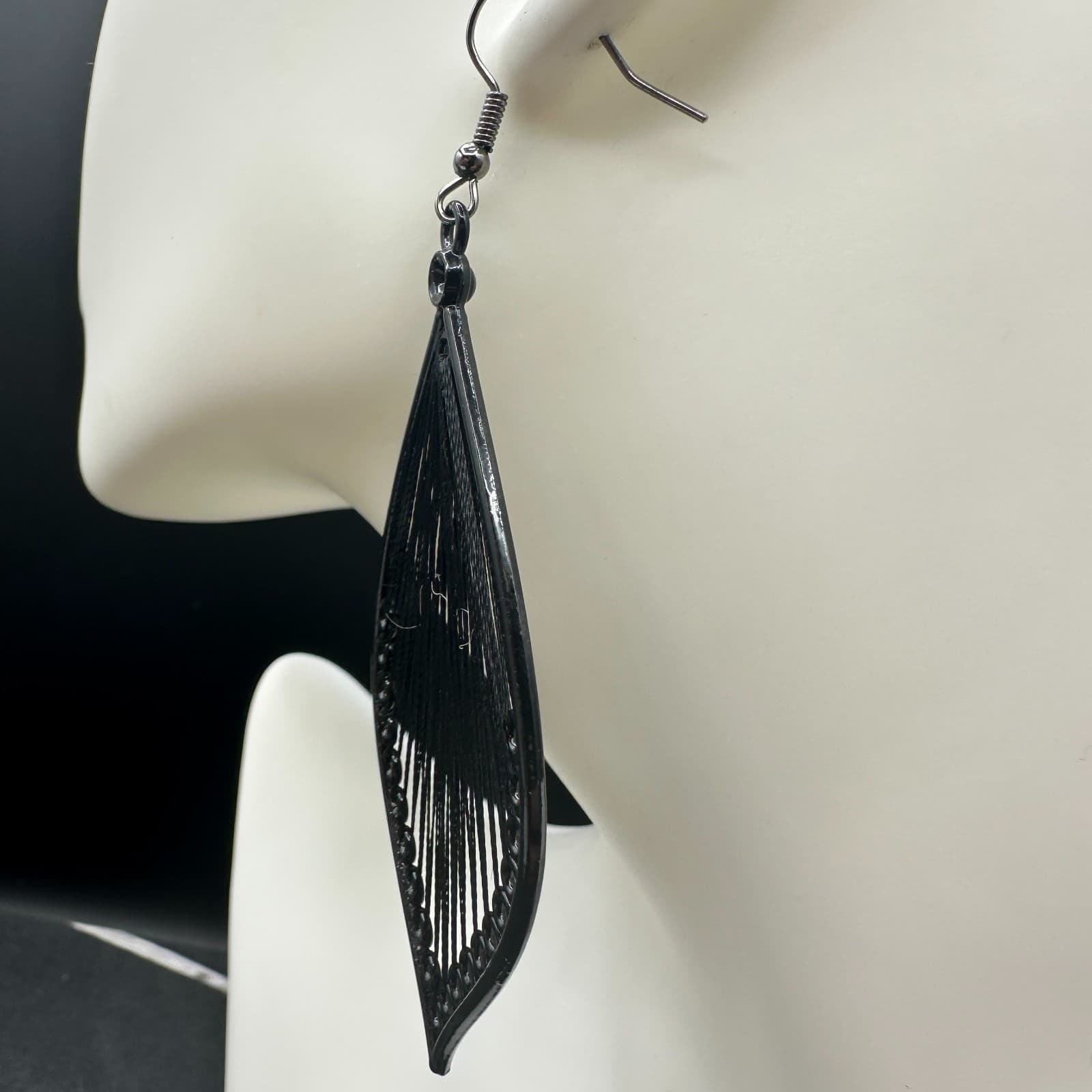 Vintage Black Metal Teardrop Filigree Dangle Earrings Boho Statement - Thumbnail 7