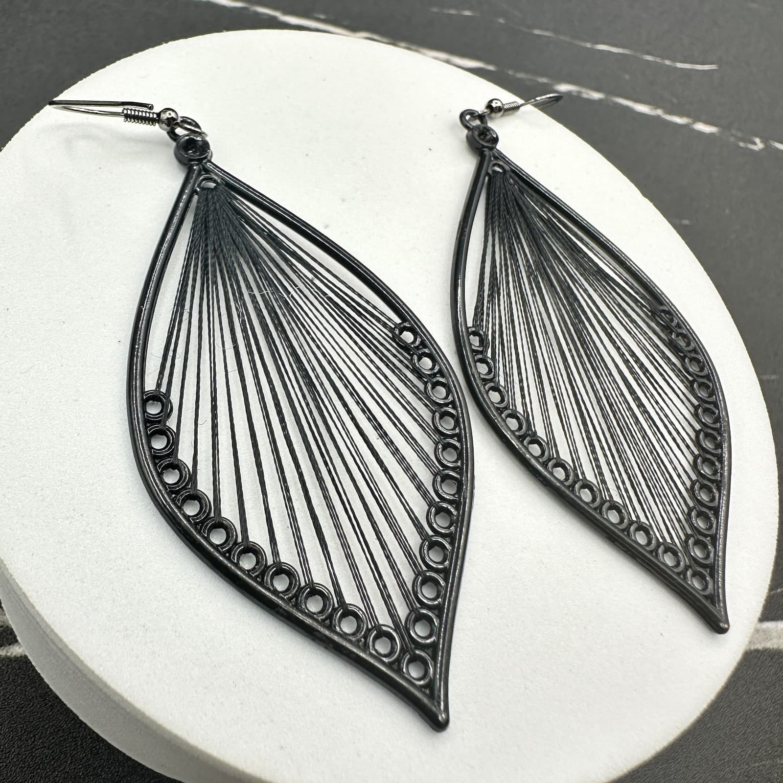 Vintage Black Metal Teardrop Filigree Dangle Earrings Boho Statement - Thumbnail 9