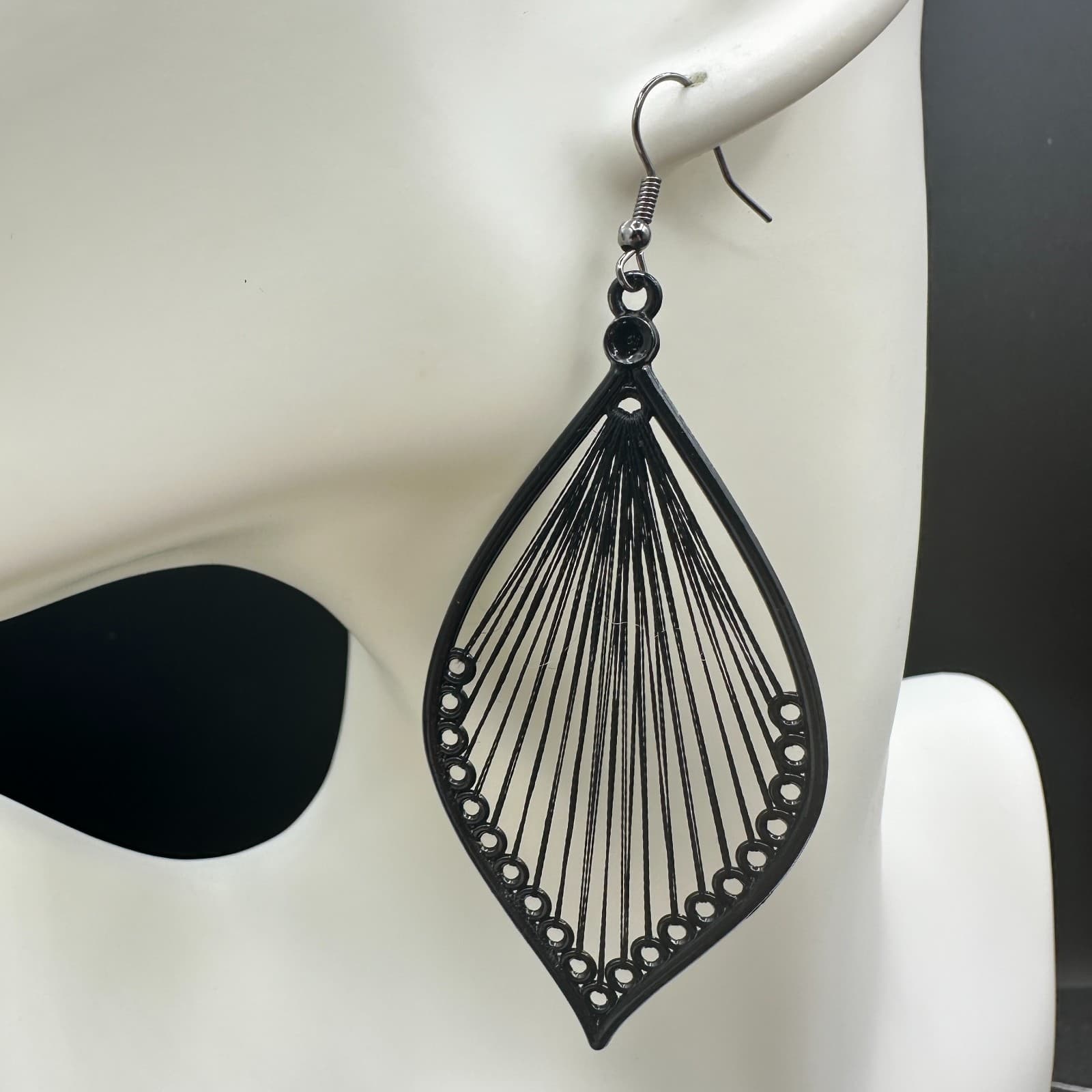 Vintage Black Metal Teardrop Filigree Dangle Earrings Boho Statement - Thumbnail 2