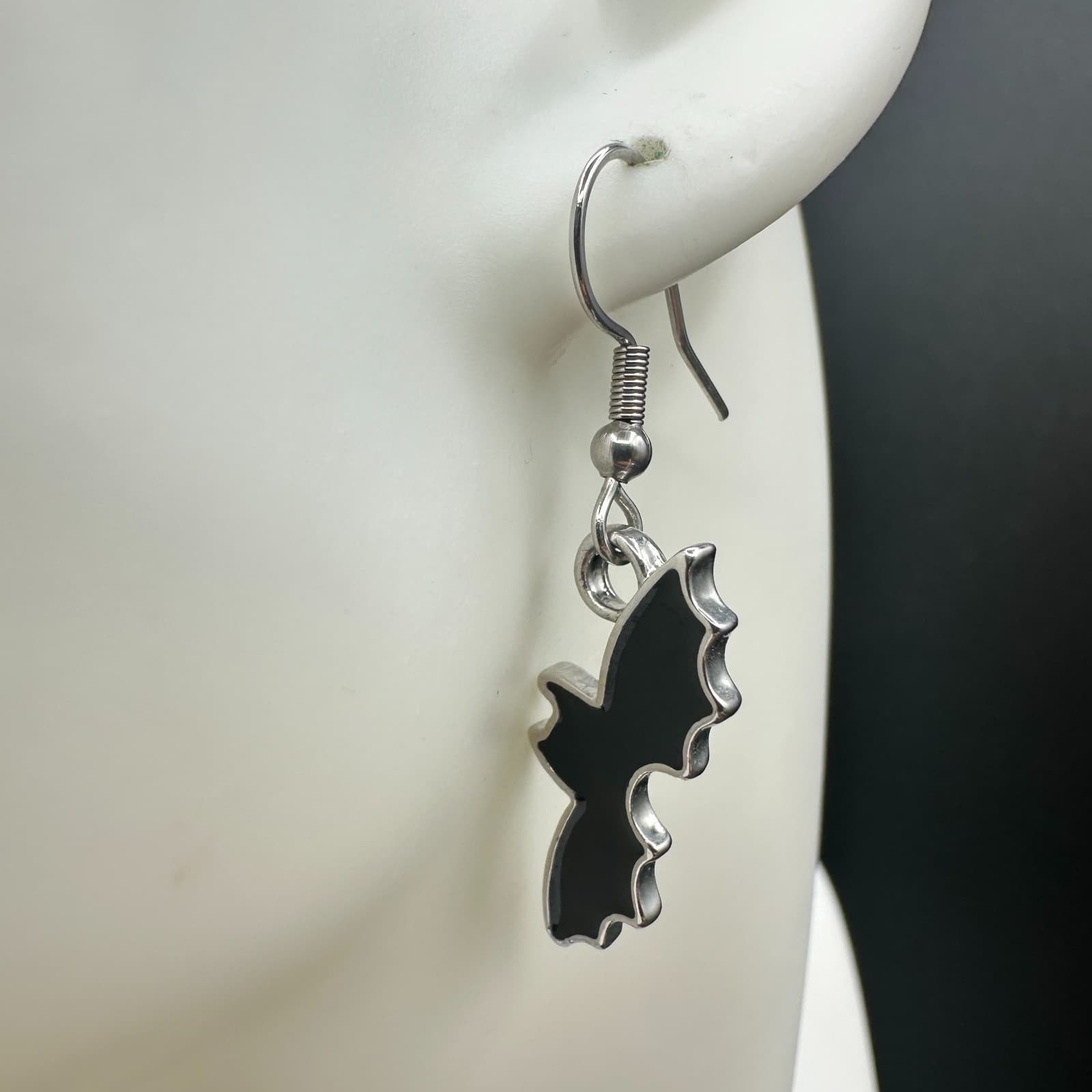 Vintage Black Enamel Bat Dangle Earrings Silver Tone Halloween Style - Thumbnail 2