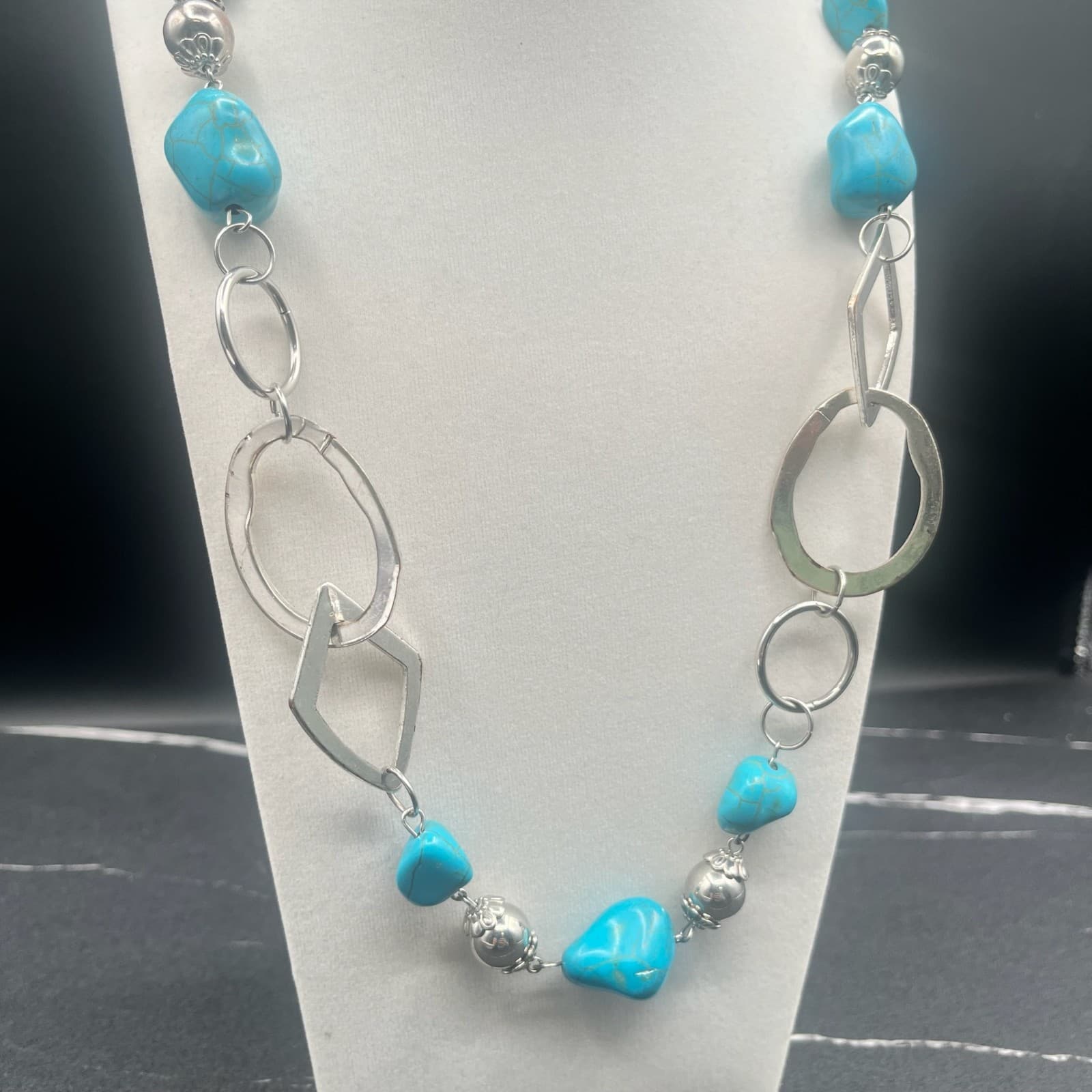 Vintage Y2K Silver Tone Statement Turquoise Beads Nugget Link Necklace Jewellery - Thumbnail 2