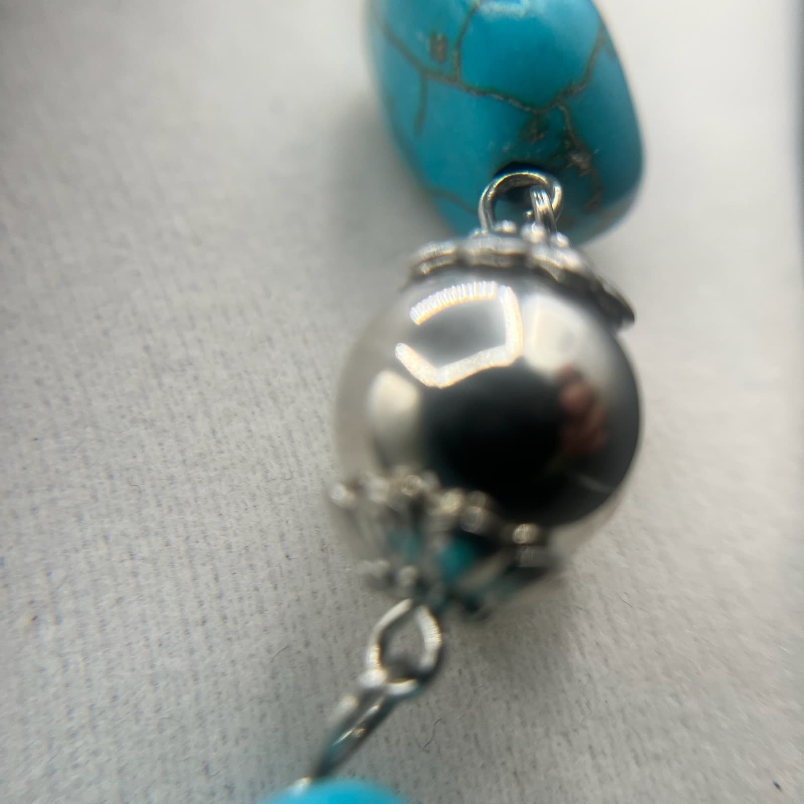 Vintage Y2K Silver Tone Statement Turquoise Beads Nugget Link Necklace Jewellery - Thumbnail 7