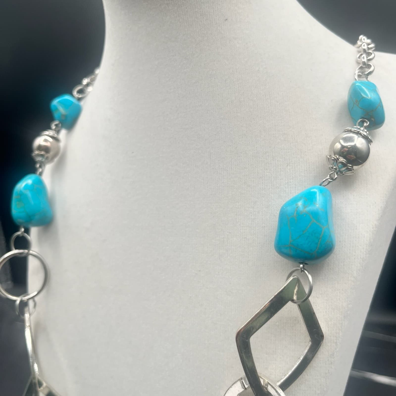 Vintage Y2K Silver Tone Statement Turquoise Beads Nugget Link Necklace Jewellery - Thumbnail 5