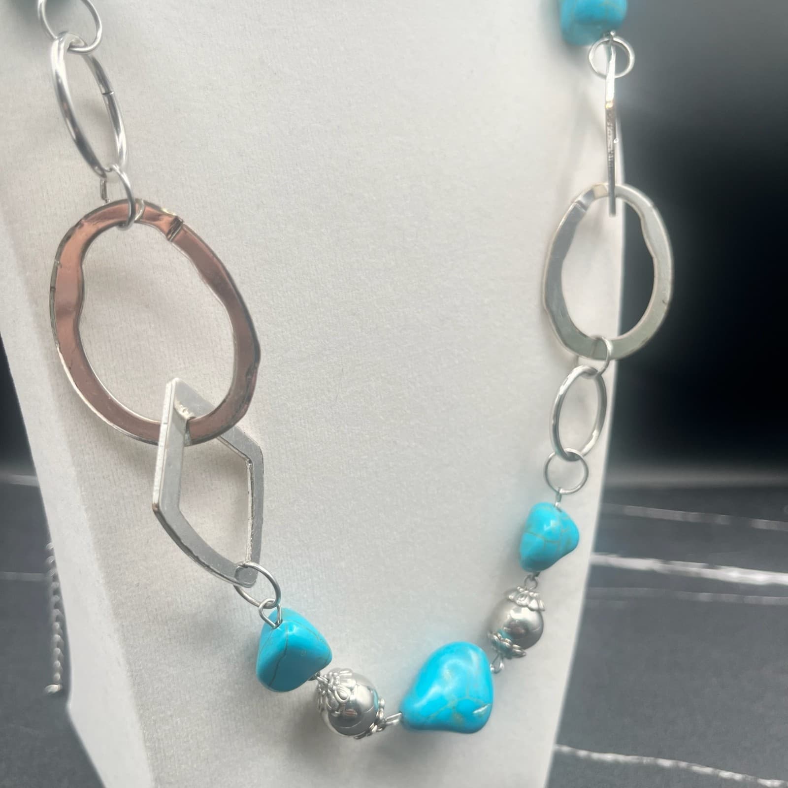 Vintage Y2K Silver Tone Statement Turquoise Beads Nugget Link Necklace Jewellery - Thumbnail 3