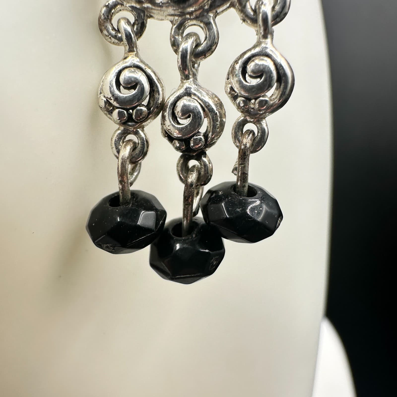 Avon VTG Silver Tone Filigree Dangle Earrings Black Beads Boho Statement Jewelry - Thumbnail 3