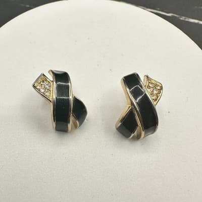 Vintage 80s Black Enamel Clear Rhinestone X Clip-on Earrings Gold Tone Jewelry - Thumbnail 2