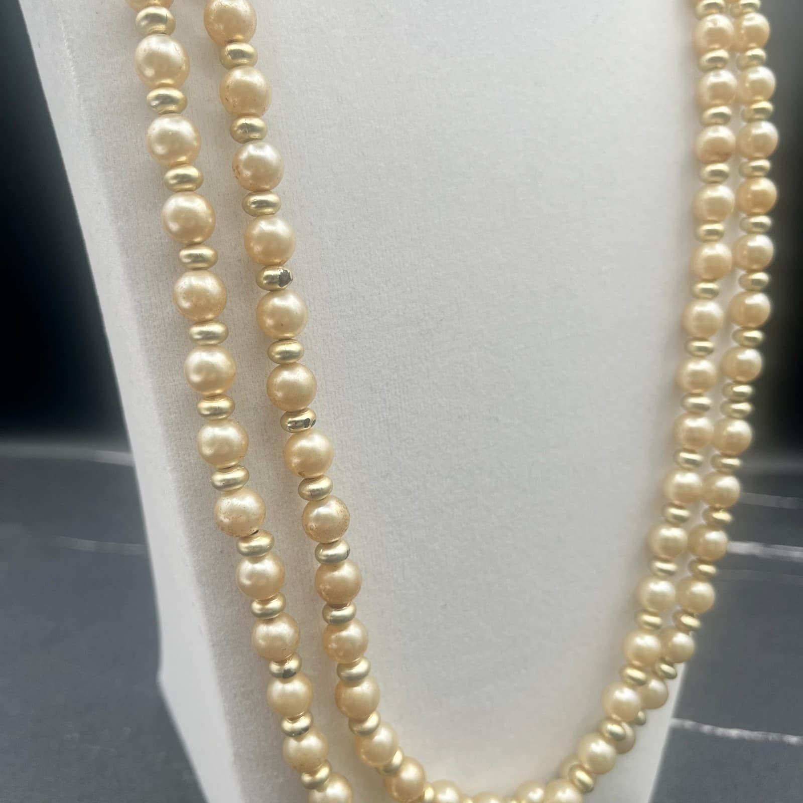 Vintage Light Gold Pearl Gold Tone Spacer Beads Necklace Double Strand Jewellery - Thumbnail 4