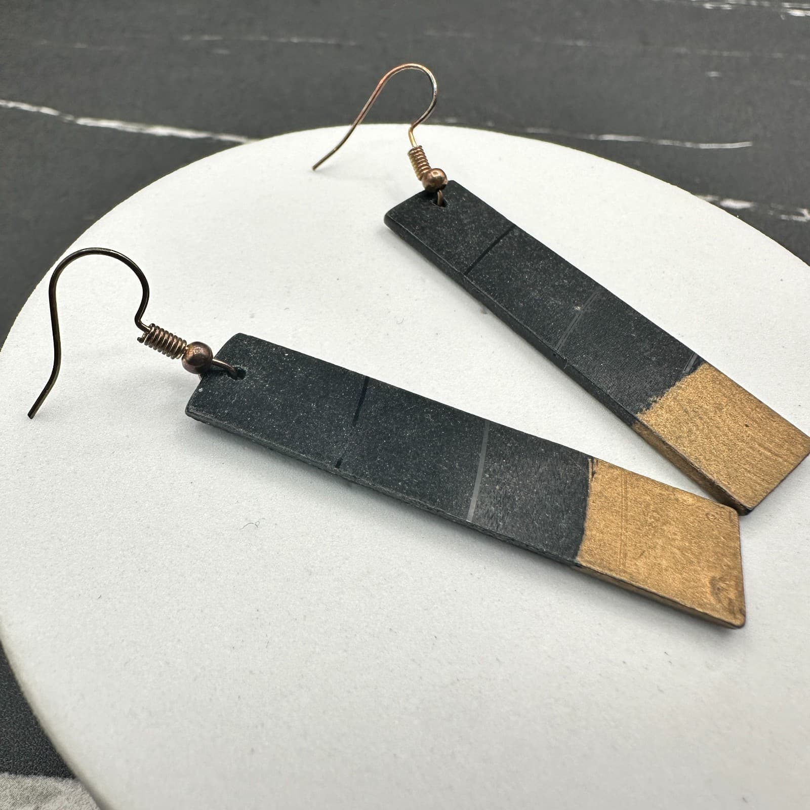 Handmade Black & Gold Geometric Rectangle Dangle Earrings Lightweight Boho Art - Thumbnail 8