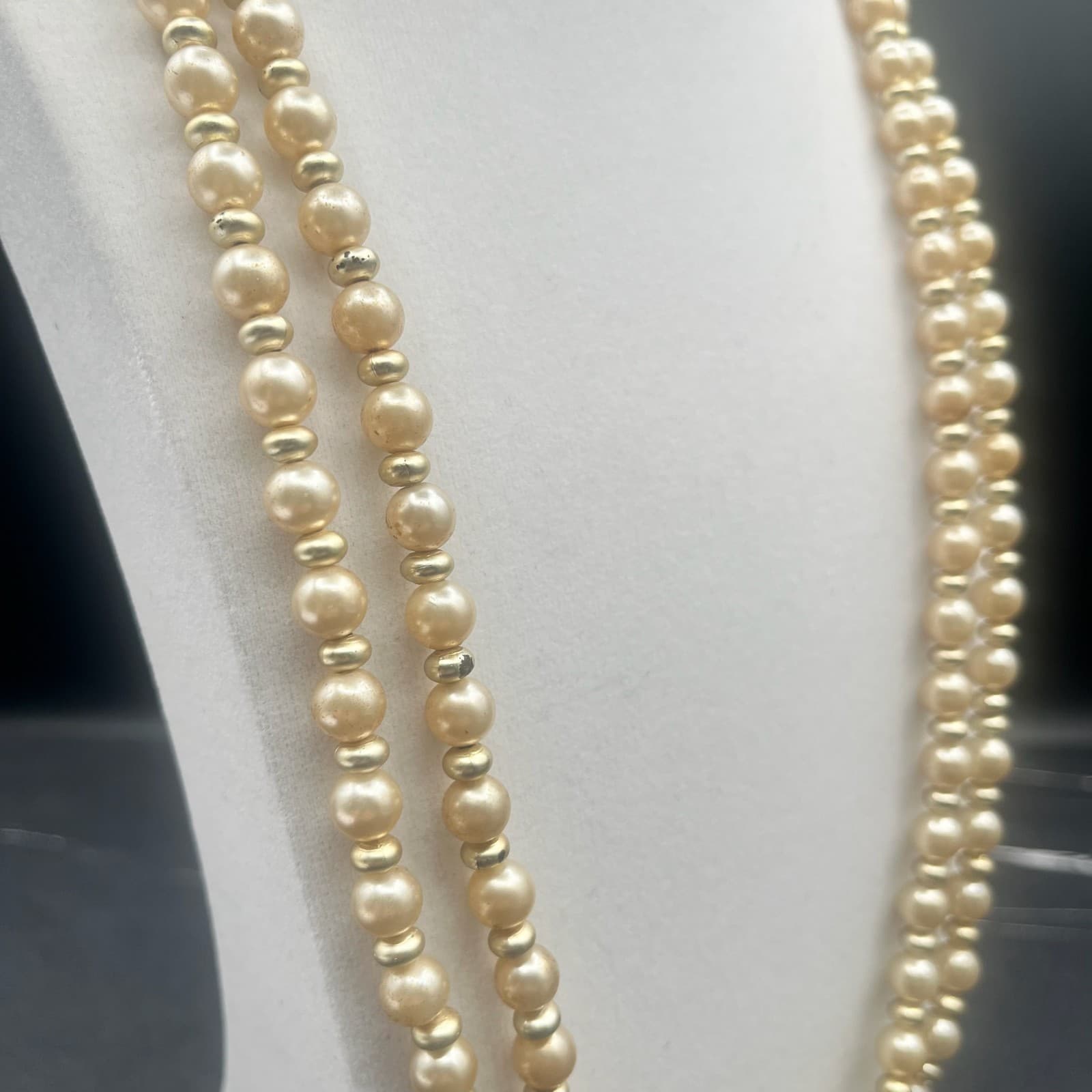 Vintage Light Gold Pearl Gold Tone Spacer Beads Necklace Double Strand Jewellery - Thumbnail 5