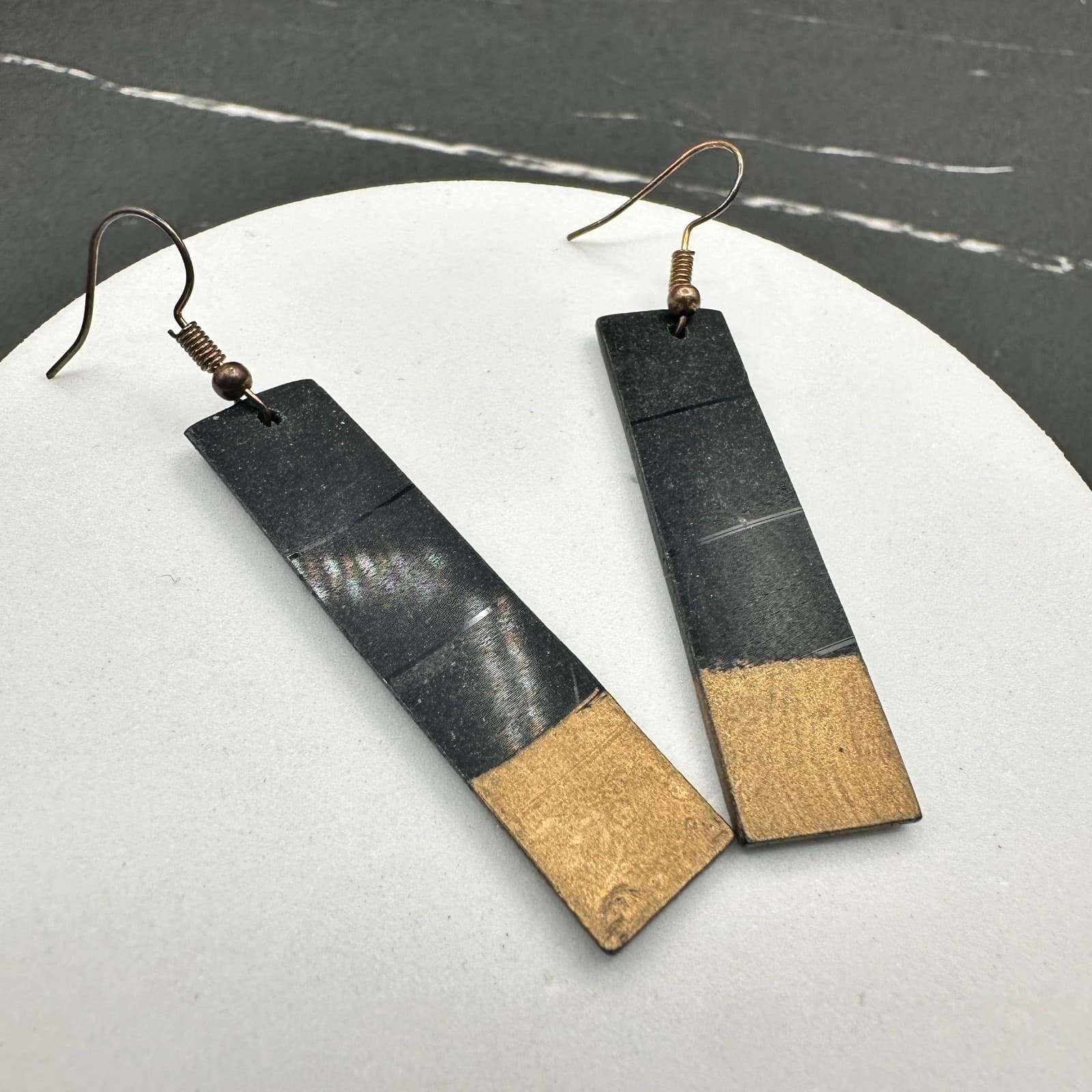 Handmade Black & Gold Geometric Rectangle Dangle Earrings Lightweight Boho Art - Thumbnail 7