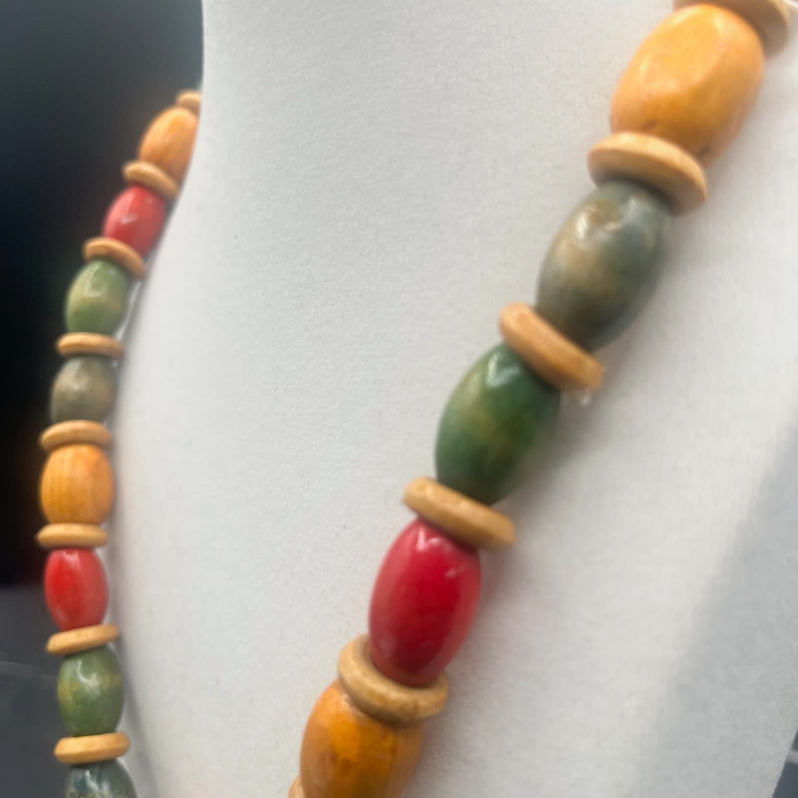 Vintage 90s Chunky Painted Wood Bead Necklace Statement Jewelry Barrel Hippie - Thumbnail 5