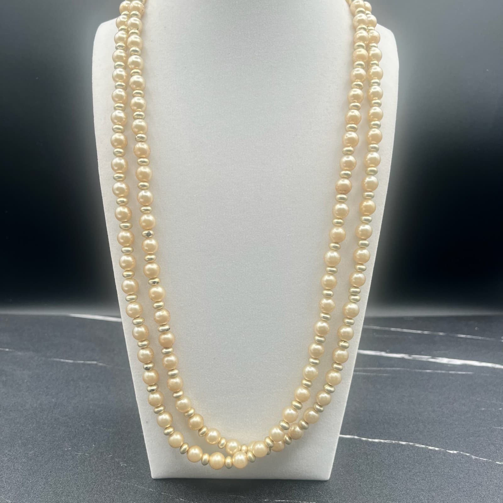 Vintage Light Gold Pearl Gold Tone Spacer Beads Necklace Double Strand Jewellery - Thumbnail 2
