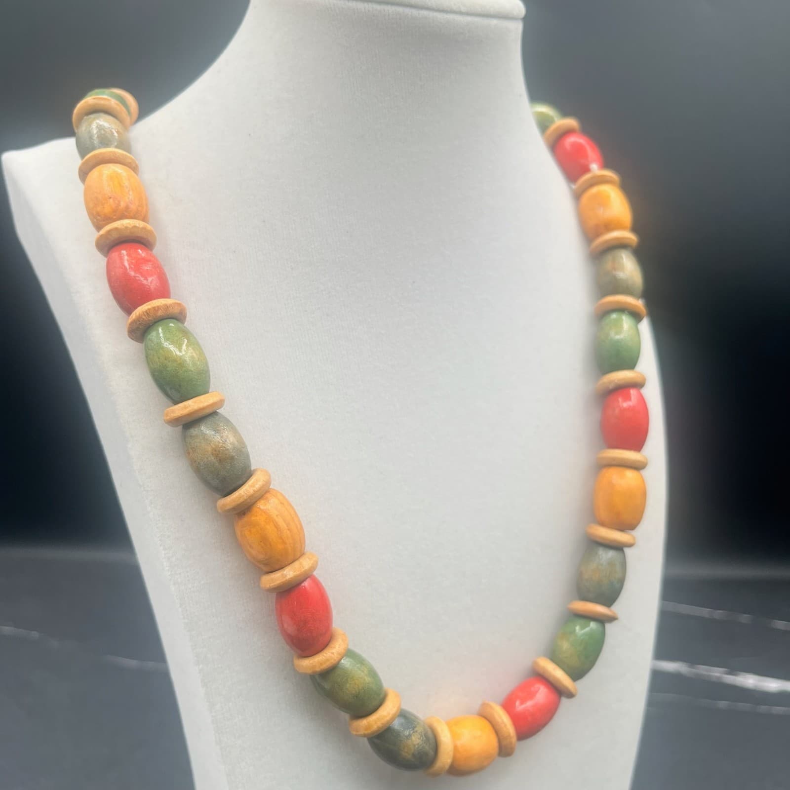 Vintage 90s Chunky Painted Wood Bead Necklace Statement Jewelry Barrel Hippie - Thumbnail 2