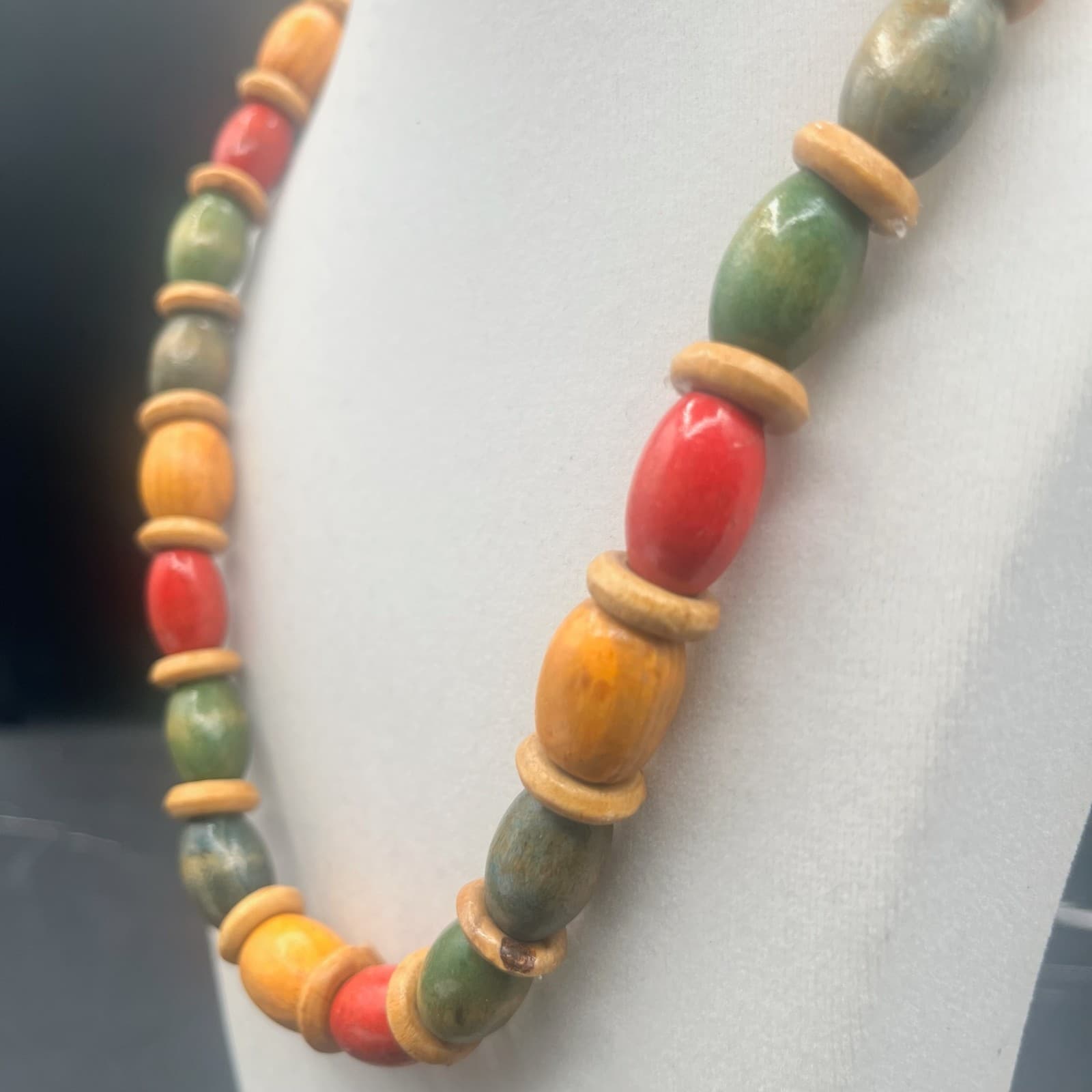 Vintage 90s Chunky Painted Wood Bead Necklace Statement Jewelry Barrel Hippie - Thumbnail 4
