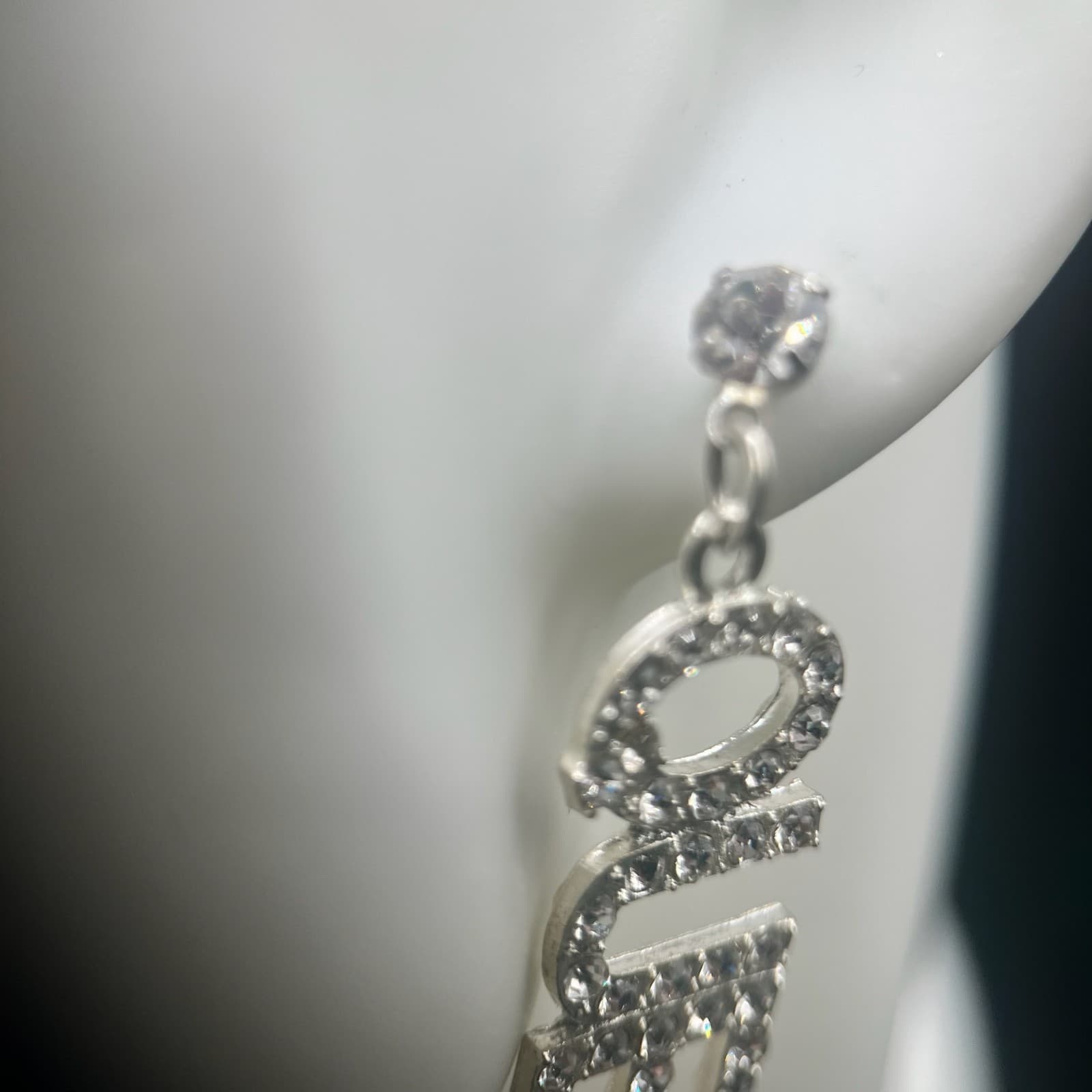 Vintage QUEEN Dangle Drop Earrings Silver-Tone Rhinestone Women's Jewellery 2" - Thumbnail 6