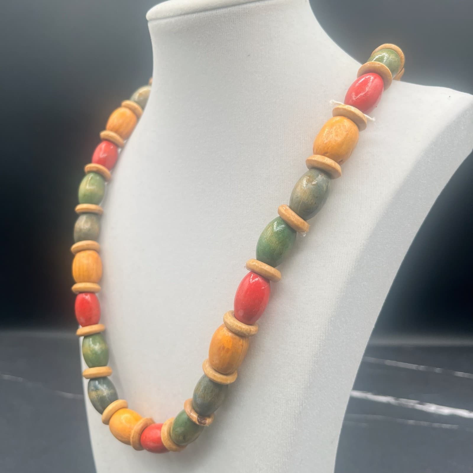 Vintage 90s Chunky Painted Wood Bead Necklace Statement Jewelry Barrel Hippie - Thumbnail 3