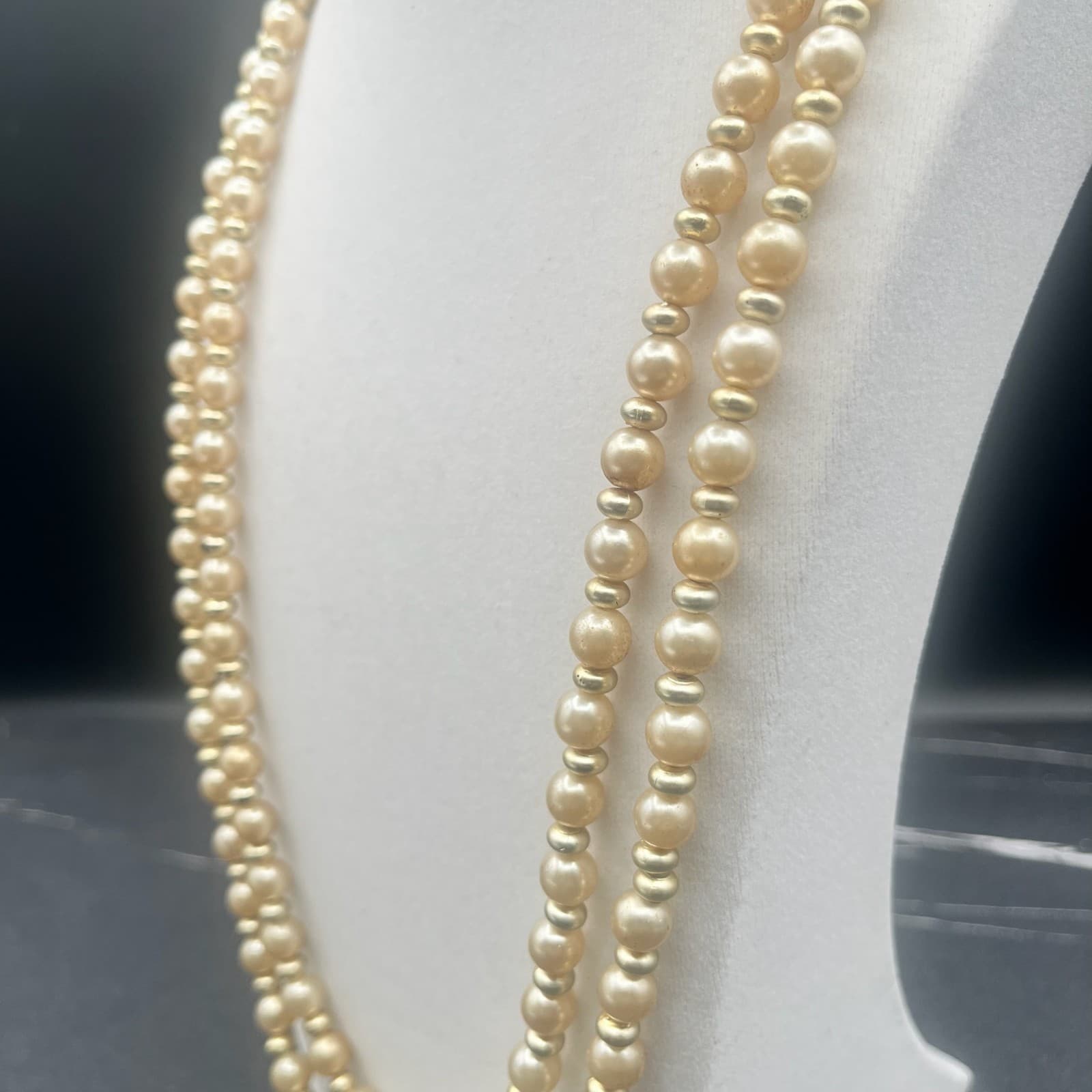 Vintage Light Gold Pearl Gold Tone Spacer Beads Necklace Double Strand Jewellery - Thumbnail 6