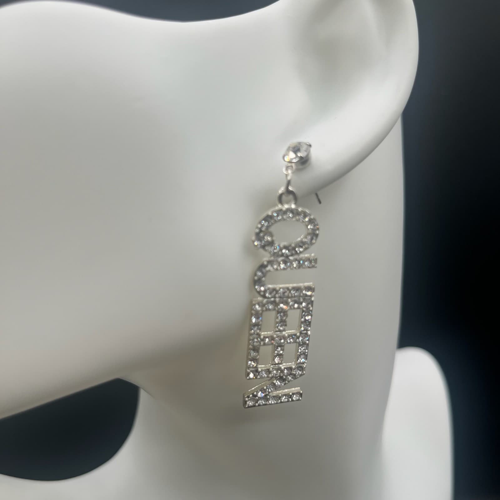 Vintage QUEEN Dangle Drop Earrings Silver-Tone Rhinestone Women's Jewellery 2" - Thumbnail 5