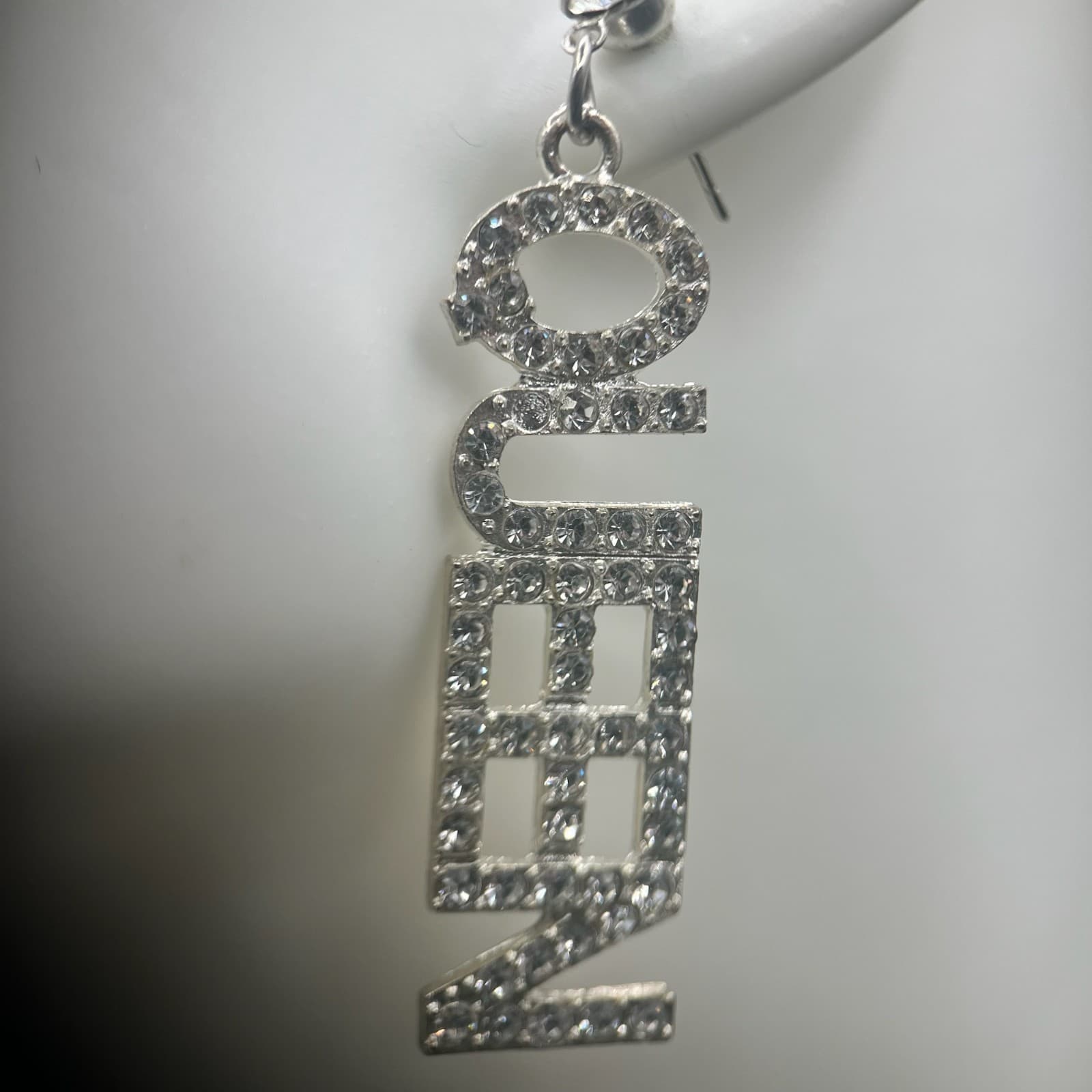 Vintage QUEEN Dangle Drop Earrings Silver-Tone Rhinestone Women's Jewellery 2" - Thumbnail 3