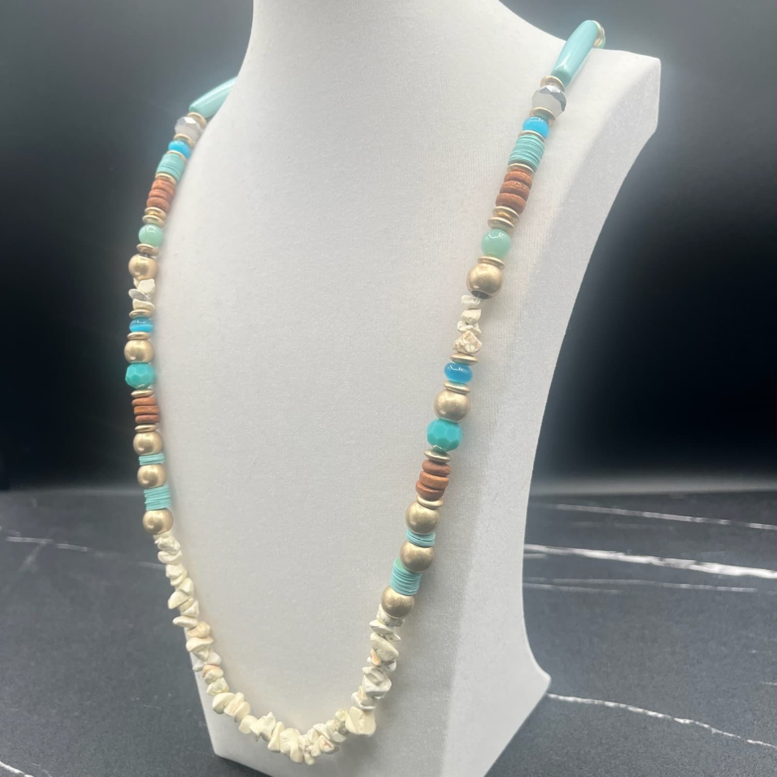 Vintage 80s Boho Southwestern Necklace White Jasper Chips Turquoise Glass Beads - Thumbnail 4