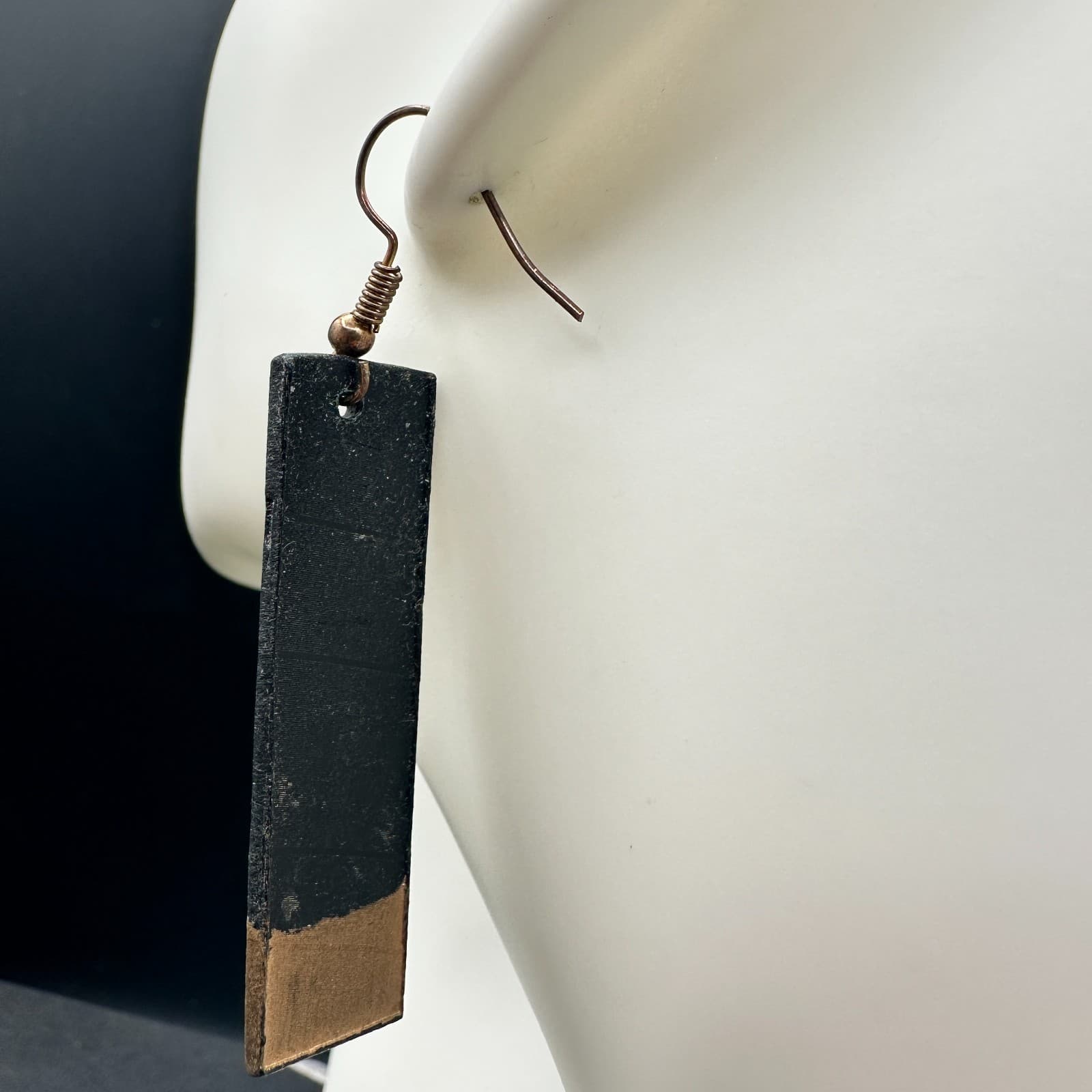 Handmade Black & Gold Geometric Rectangle Dangle Earrings Lightweight Boho Art - Thumbnail 6