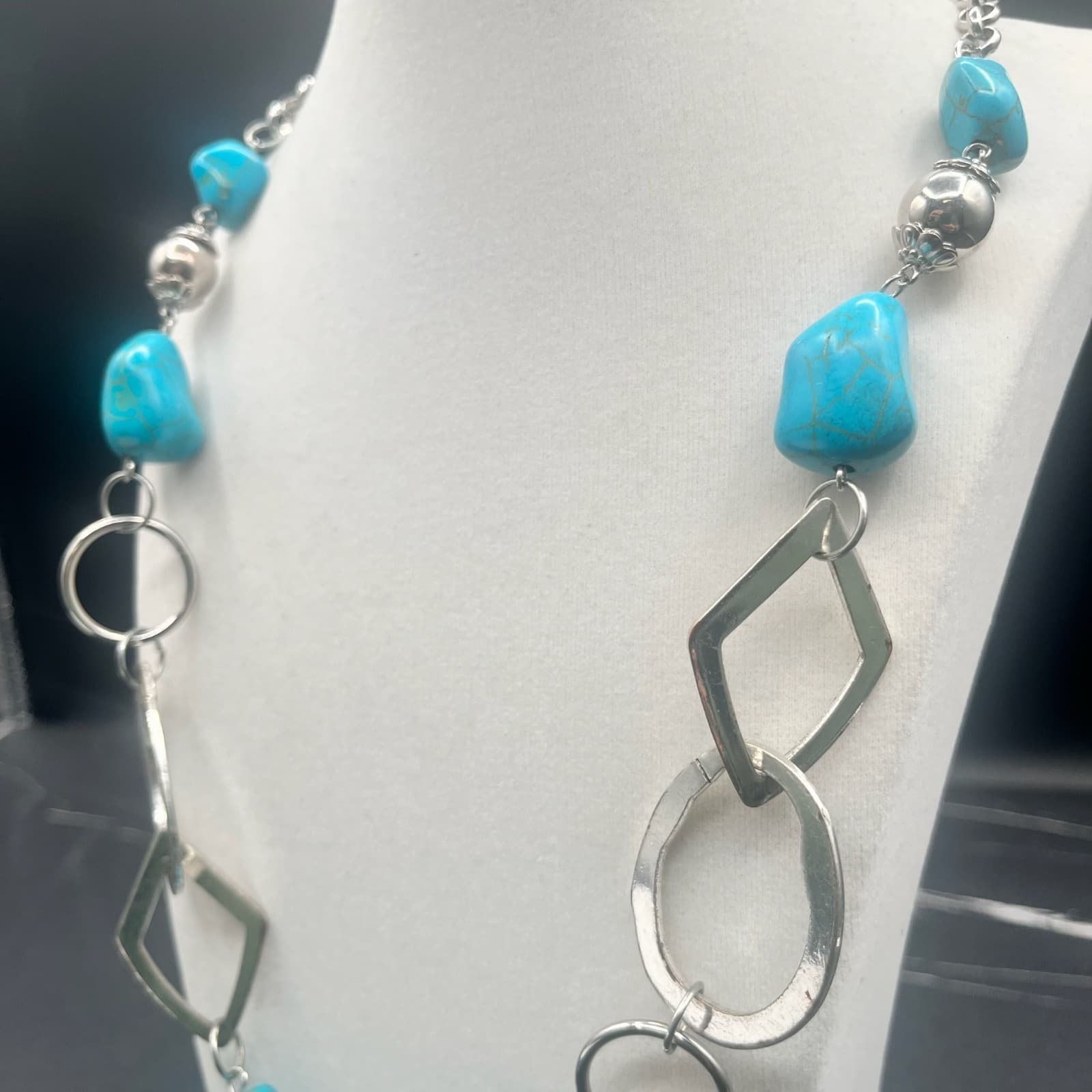 Vintage Y2K Silver Tone Statement Turquoise Beads Nugget Link Necklace Jewellery - Thumbnail 4