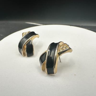 Vintage 80s Black Enamel Clear Rhinestone X Clip-on Earrings Gold Tone Jewelry - Thumbnail 4