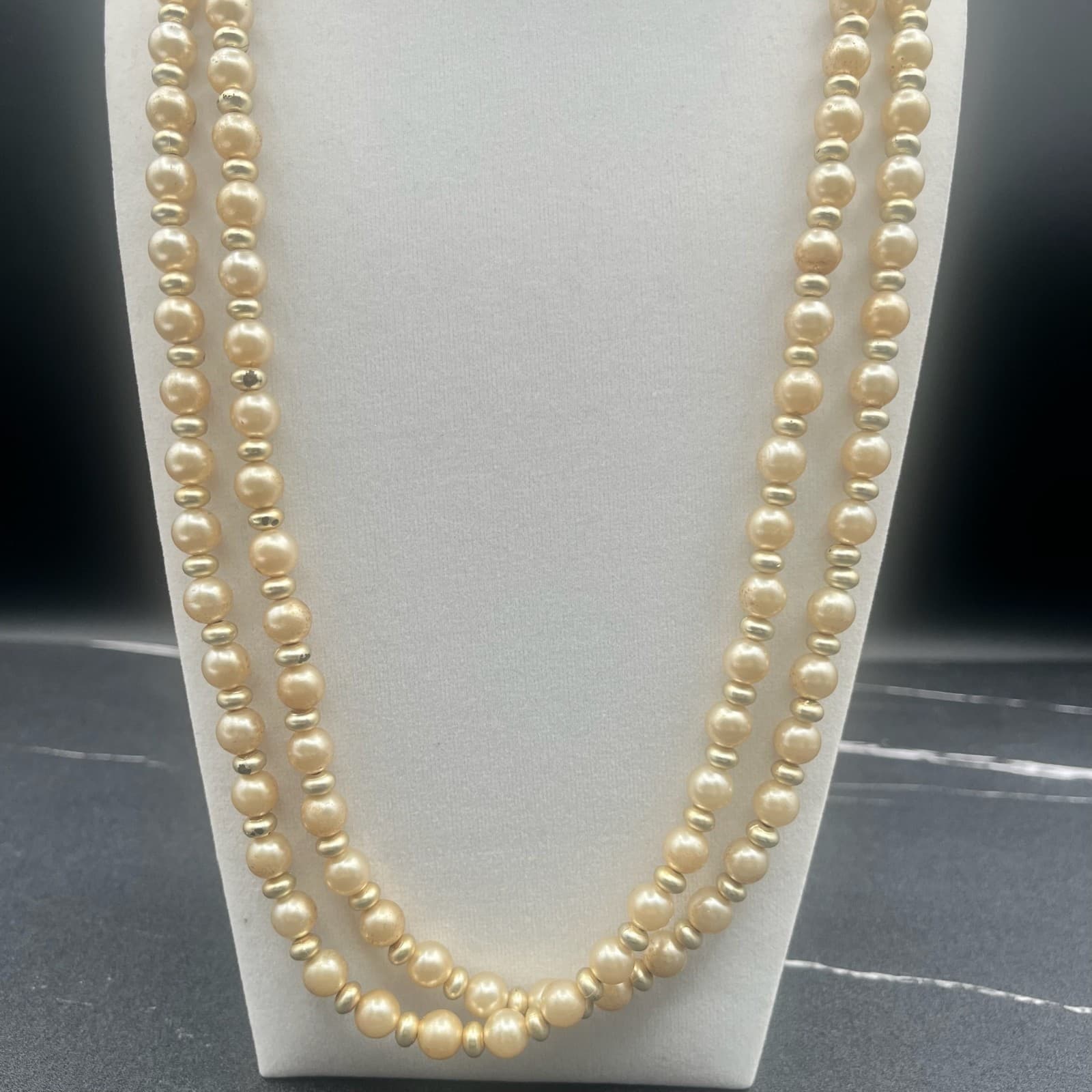Vintage Light Gold Pearl Gold Tone Spacer Beads Necklace Double Strand Jewellery - Thumbnail 3