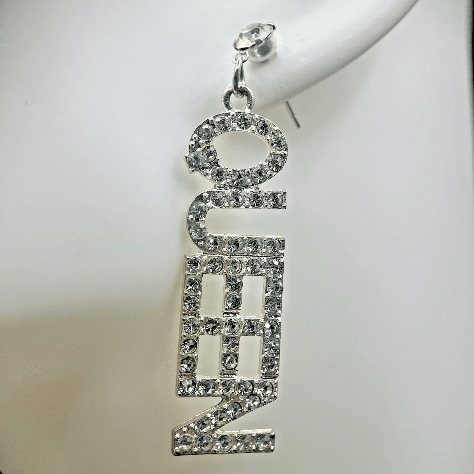 Vintage QUEEN Dangle Drop Earrings Silver-Tone Rhinestone Women's Jewellery 2" - Thumbnail 2