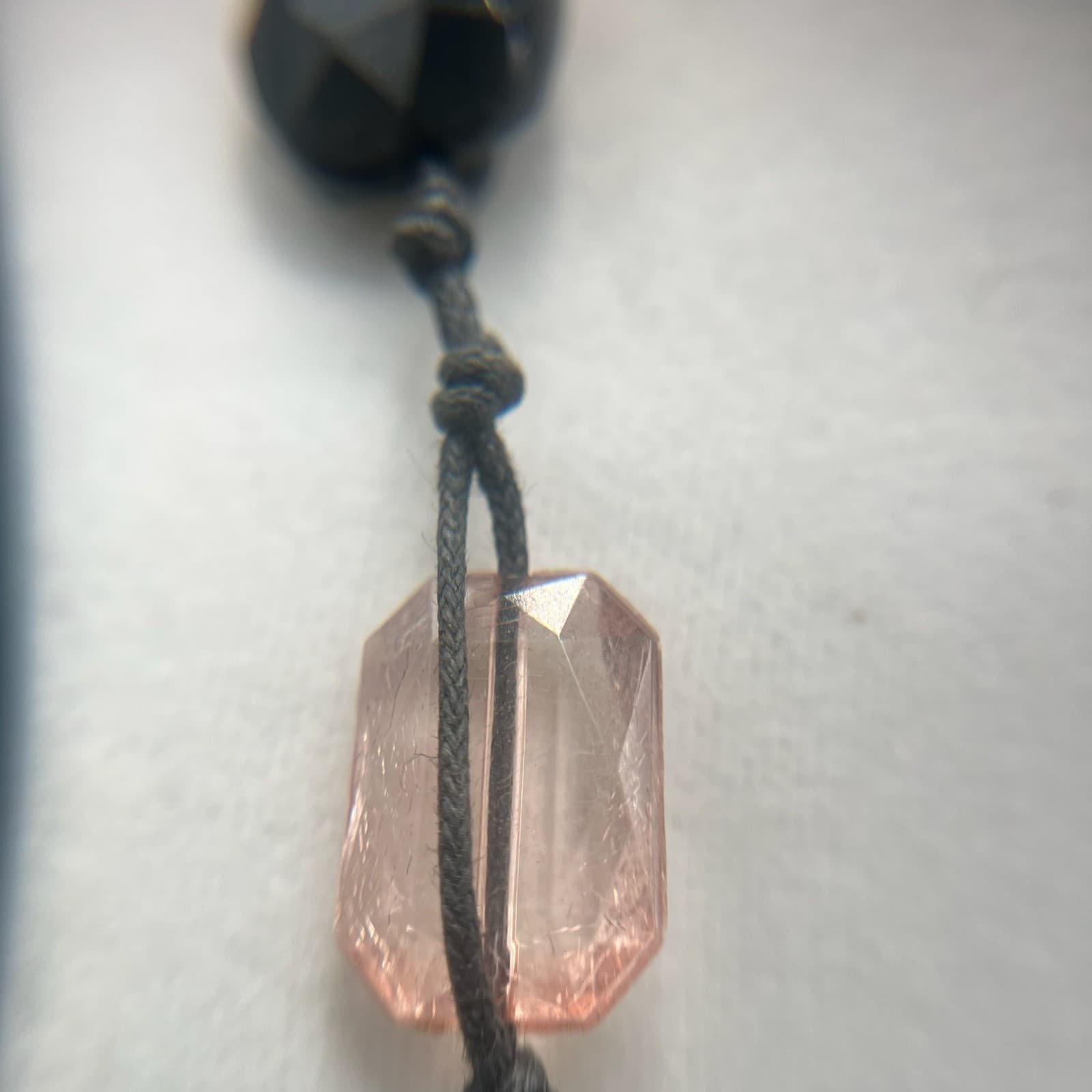 Vintage 90s Black Cord Necklace Pink Oval Faceted Glass Beads Knotted Jewellery - Thumbnail 8