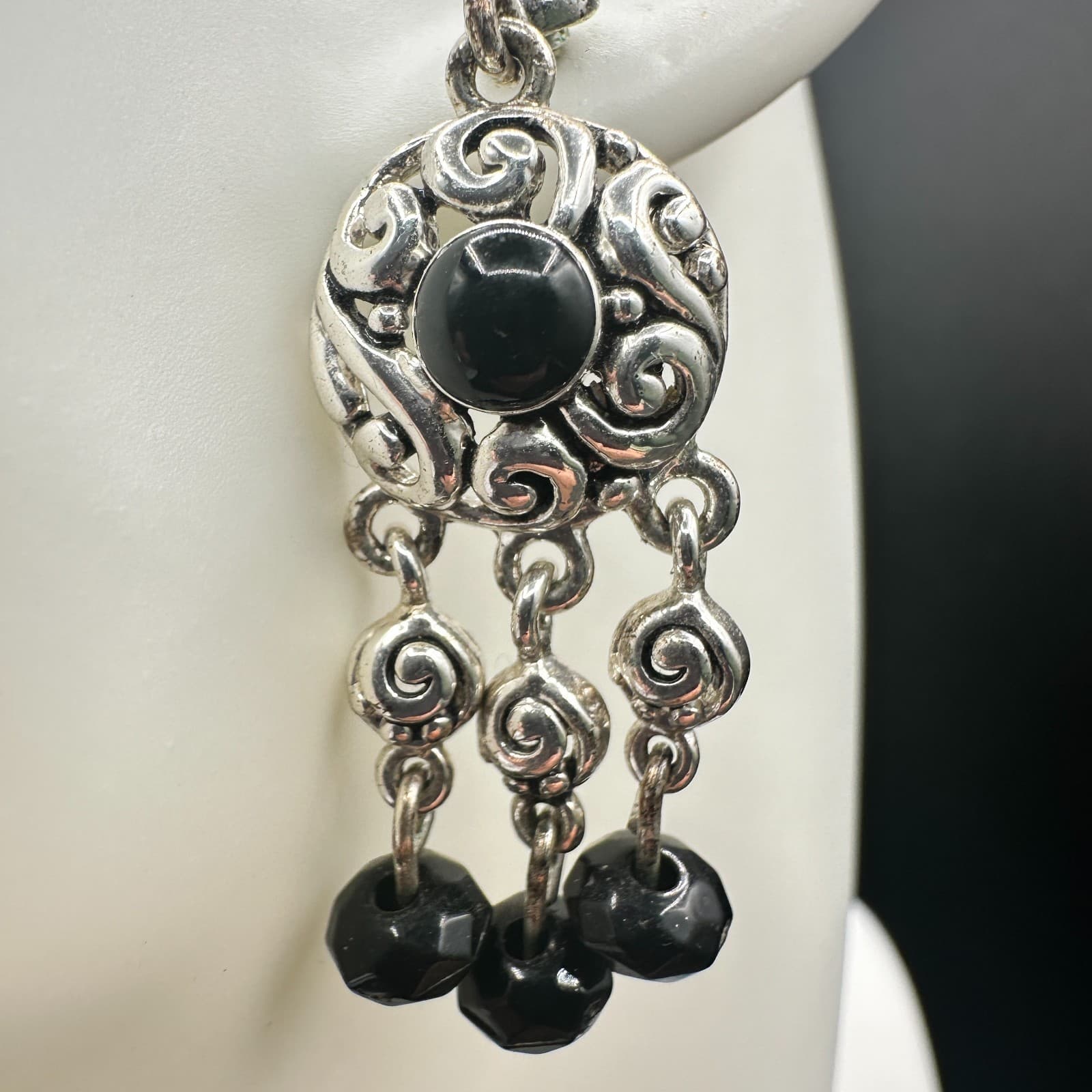 Avon VTG Silver Tone Filigree Dangle Earrings Black Beads Boho Statement Jewelry - Thumbnail 2