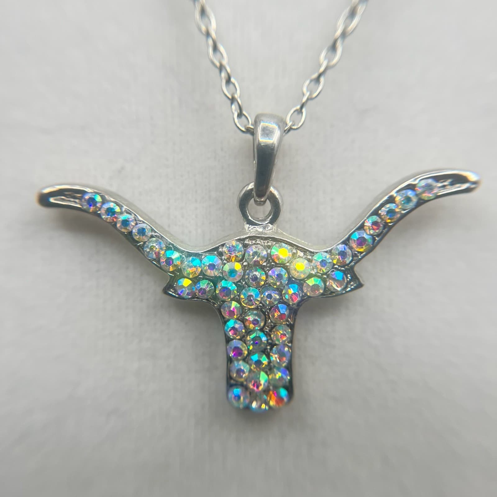 Vintage Rhinestone Longhorn Pendant Necklace Silver Tone Bull Head Jewellery - Thumbnail 6
