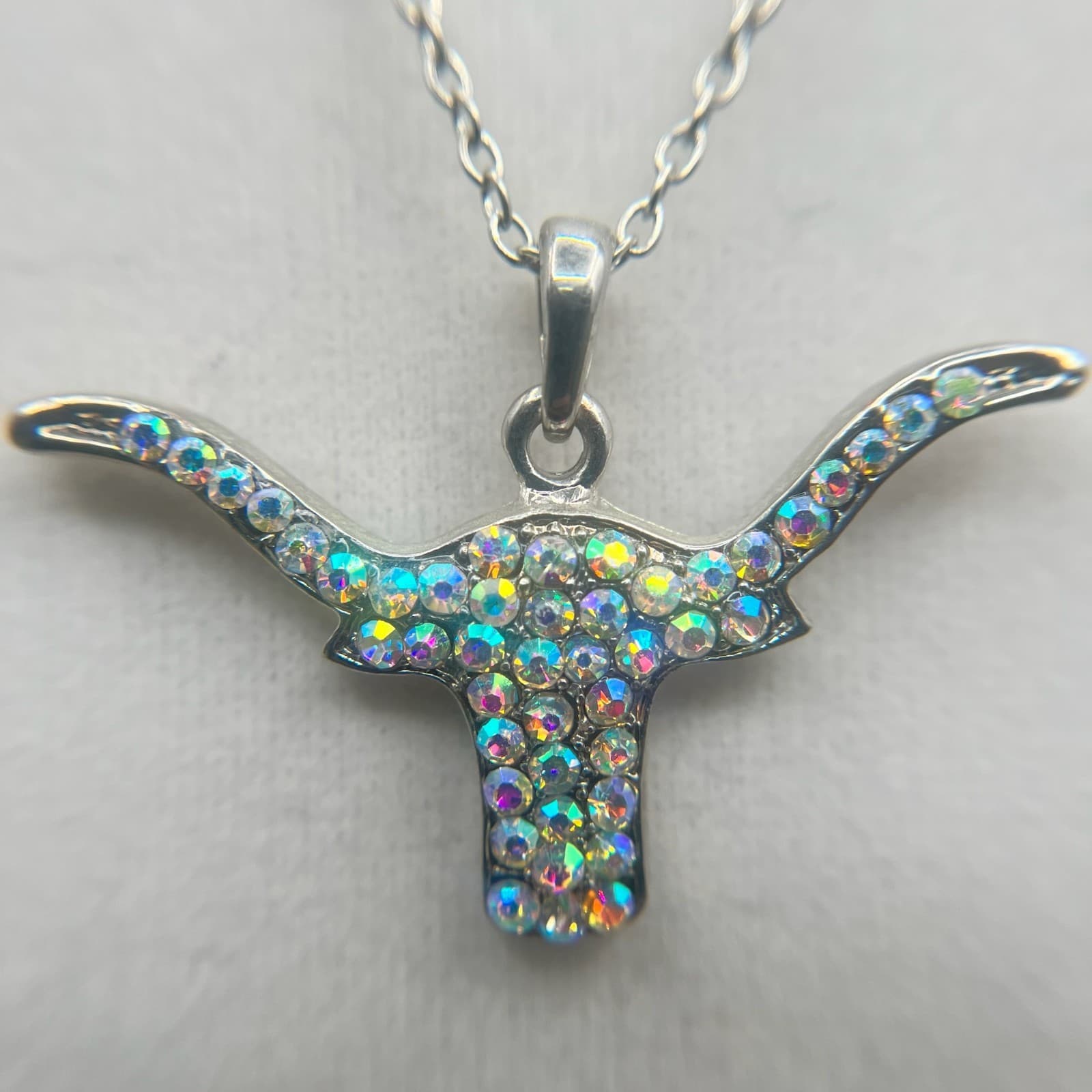 Vintage Rhinestone Longhorn Pendant Necklace Silver Tone Bull Head Jewellery - Thumbnail 7