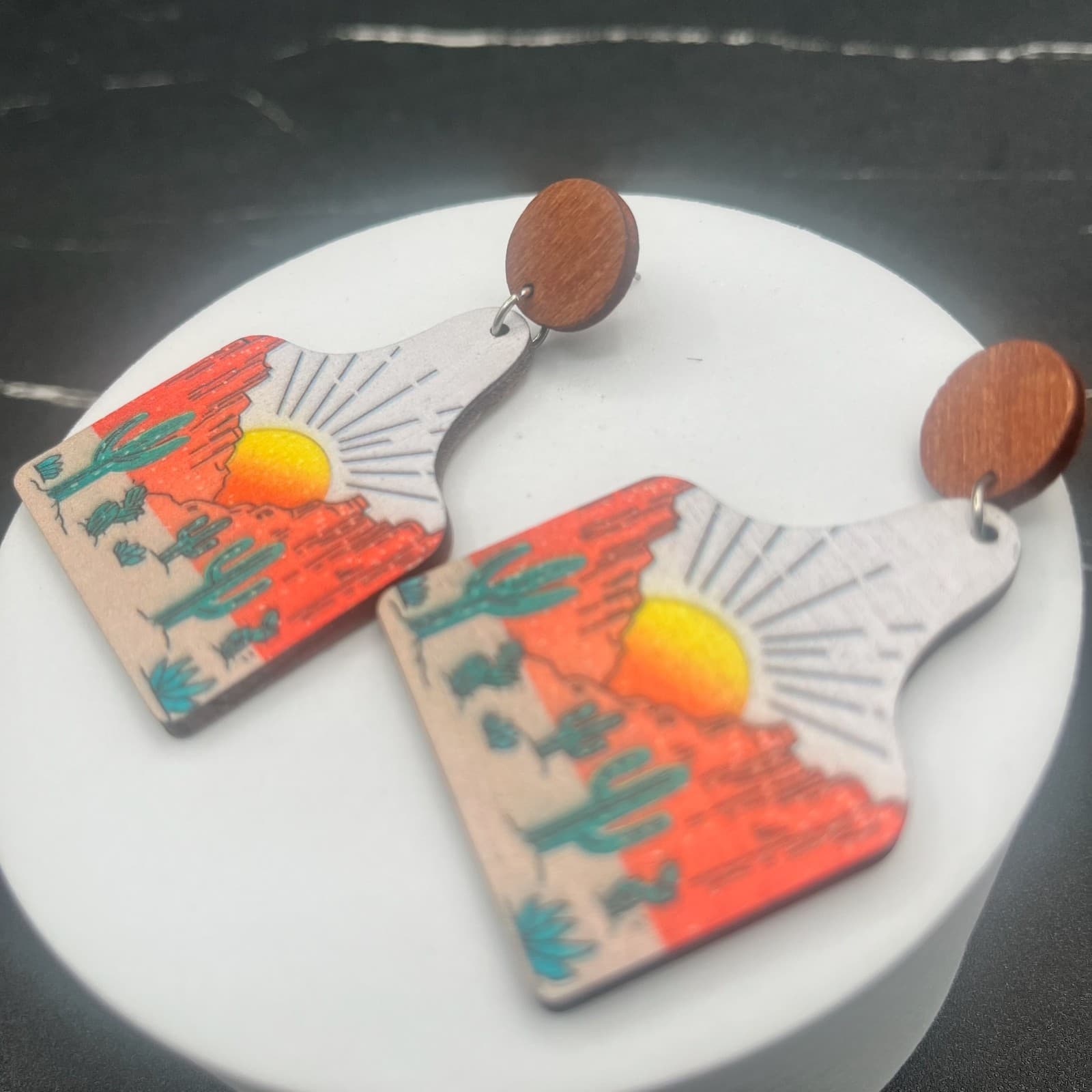 Vintage Desert Cactus Sunset Earrings Printed Wooden Dangle Western Jewellery - Thumbnail 4
